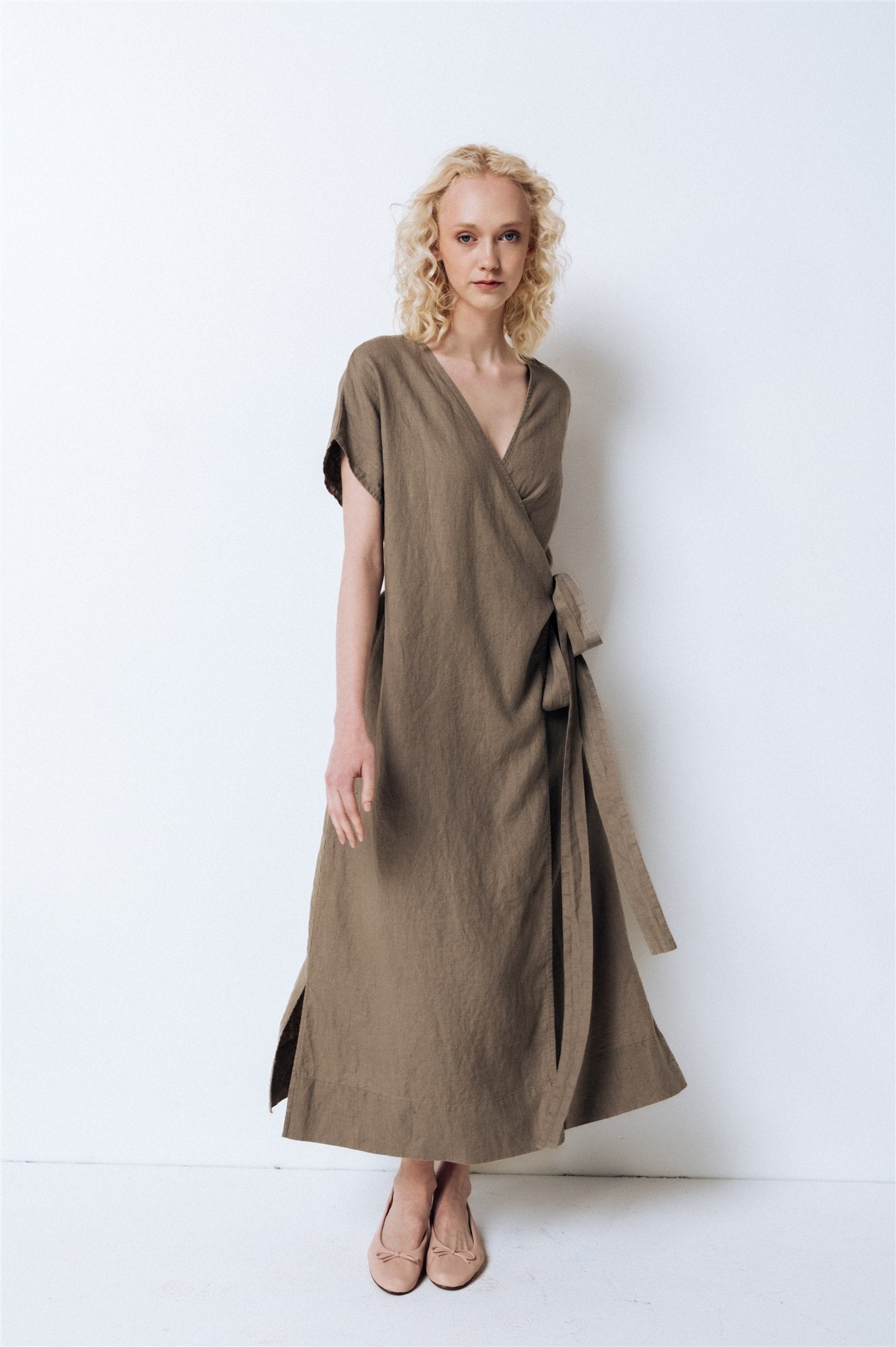 EMILY wrap dress khaki - MOO Linen Shop