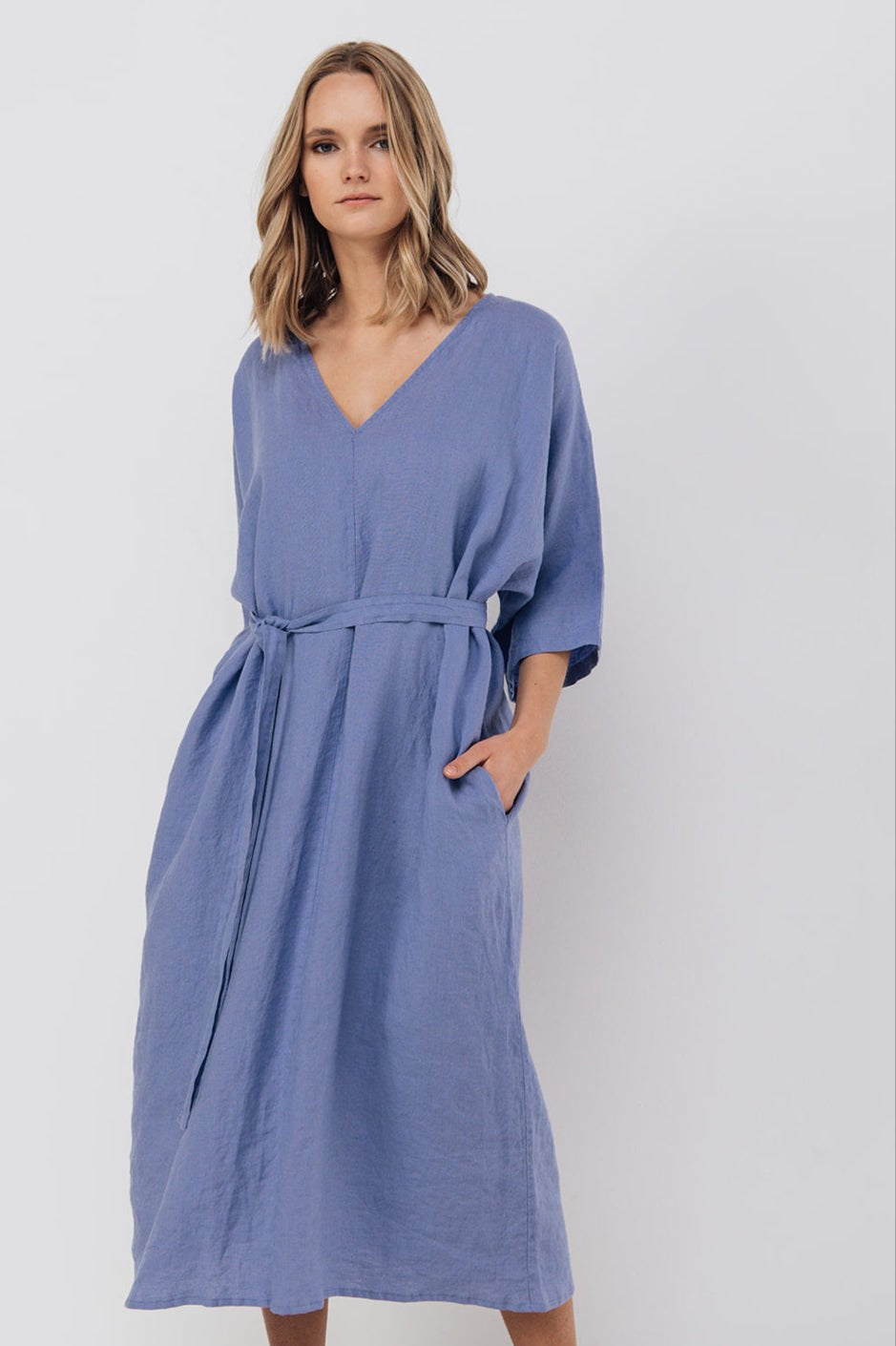 EVA kaftan dress with belt cream - MOO Linen Shop
