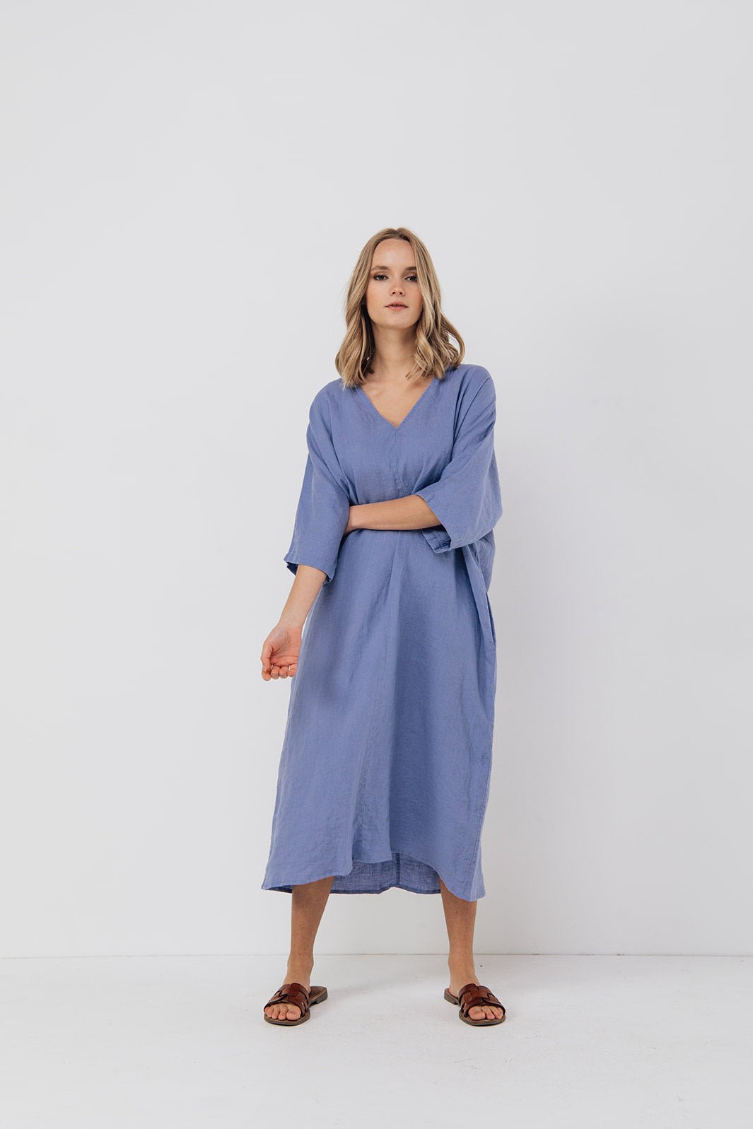 EVA kaftan dress with belt cream - MOO Linen Shop