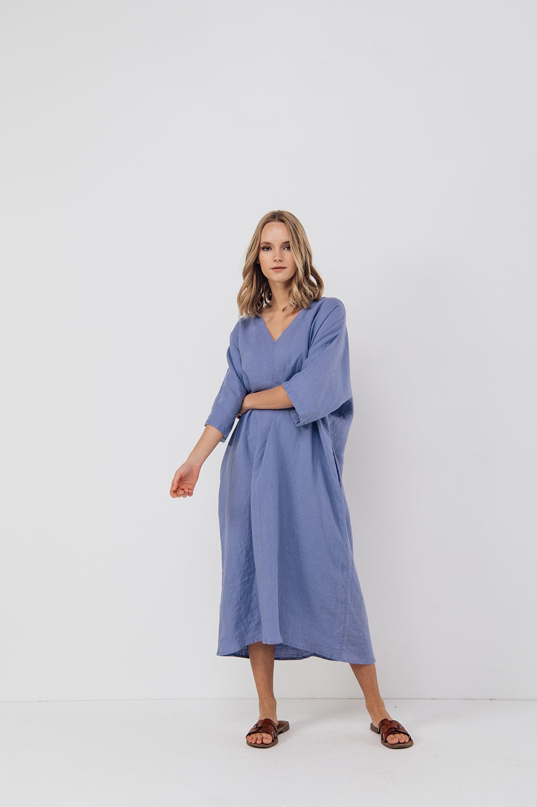 EVA kaftan dress with belt cream - MOO Linen Shop