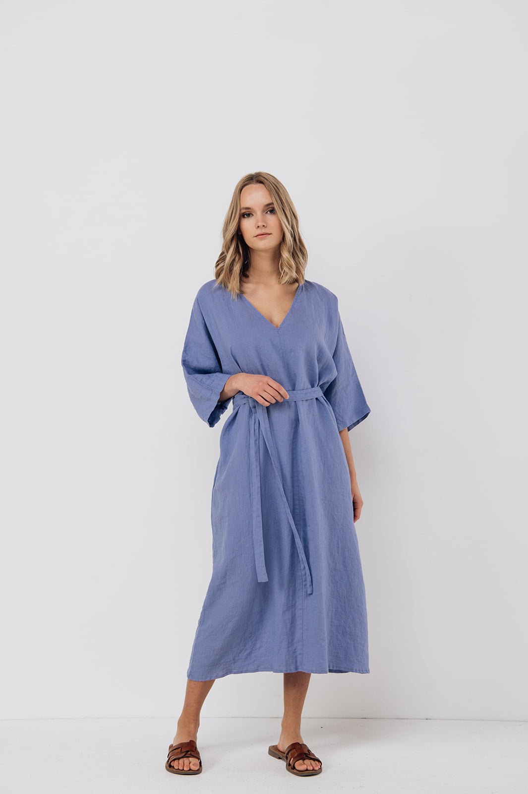 EVA kaftan dress with belt cream - MOO Linen Shop