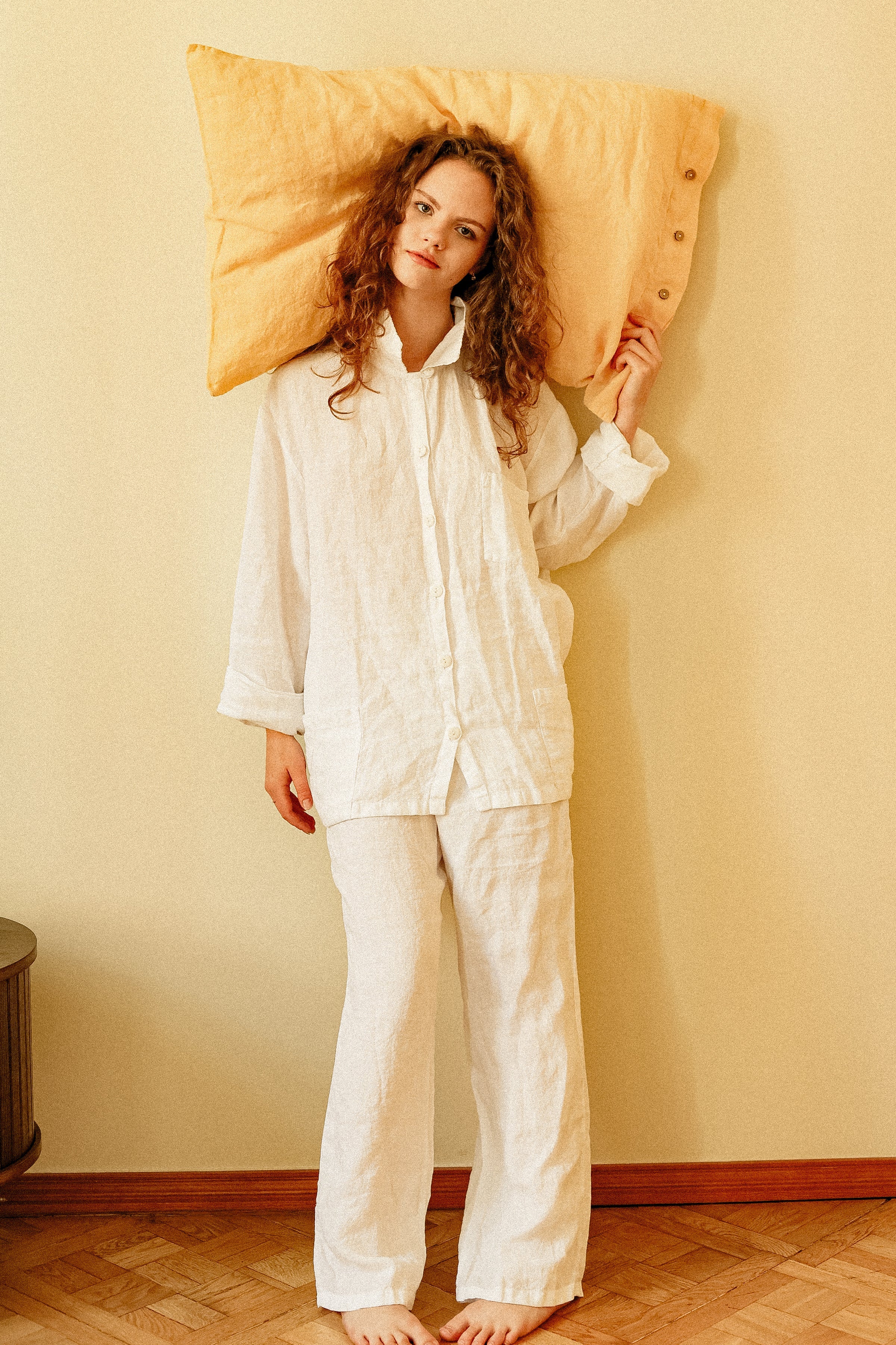 JANE linen pajama natural gingham - MOO Linen Shop