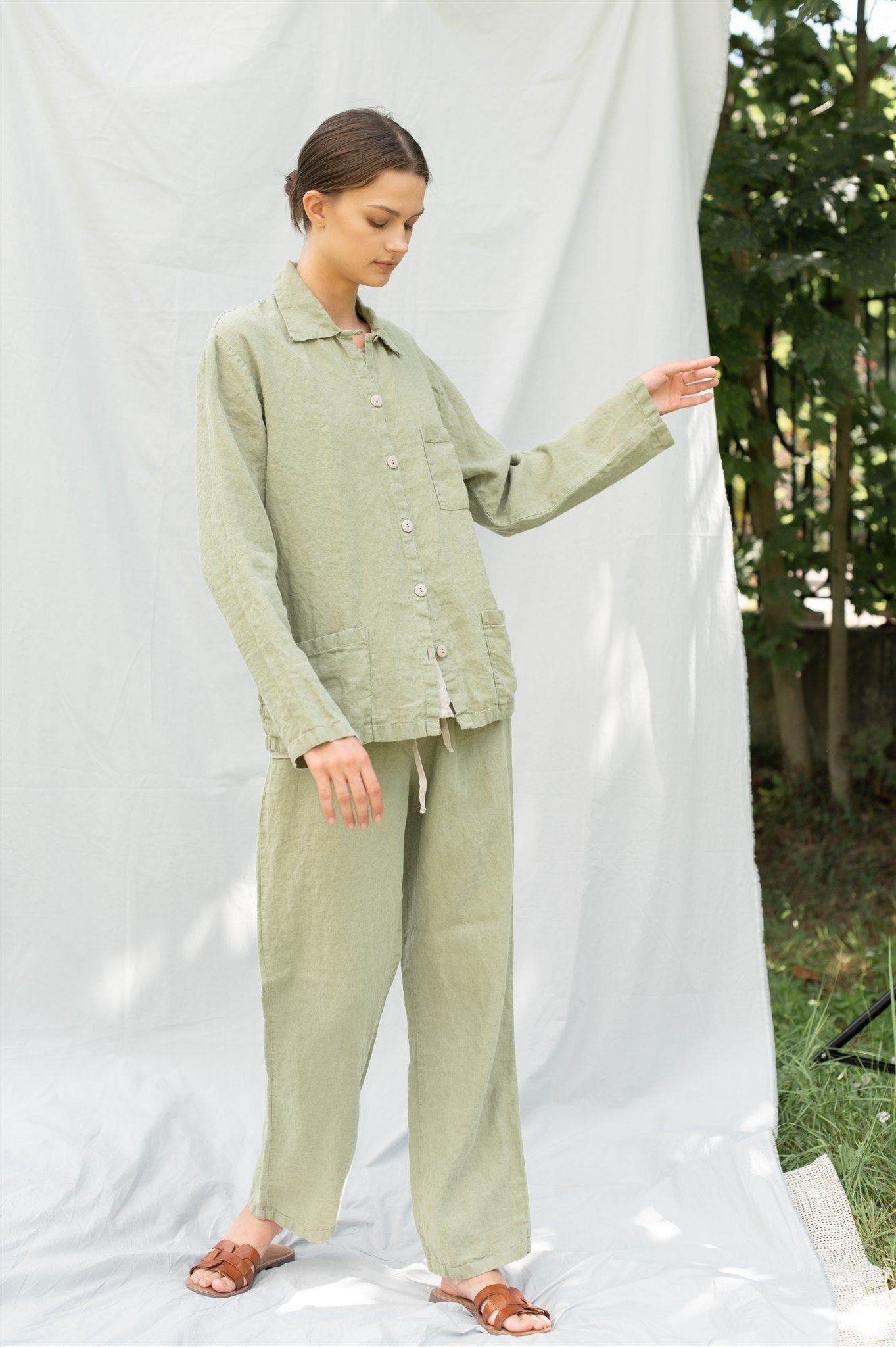 JANE linen pajama green olive - MOO Linen Shop