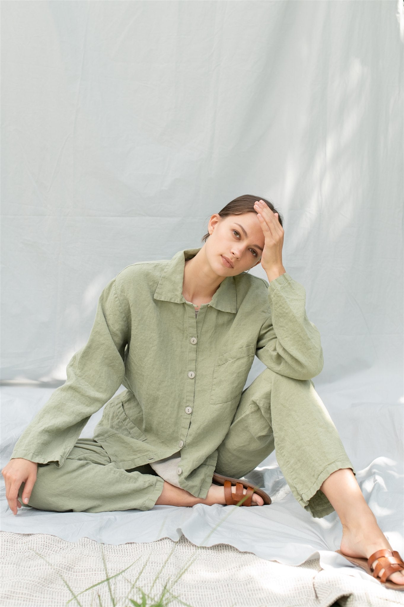 JANE linen pajama green olive - MOO Linen Shop