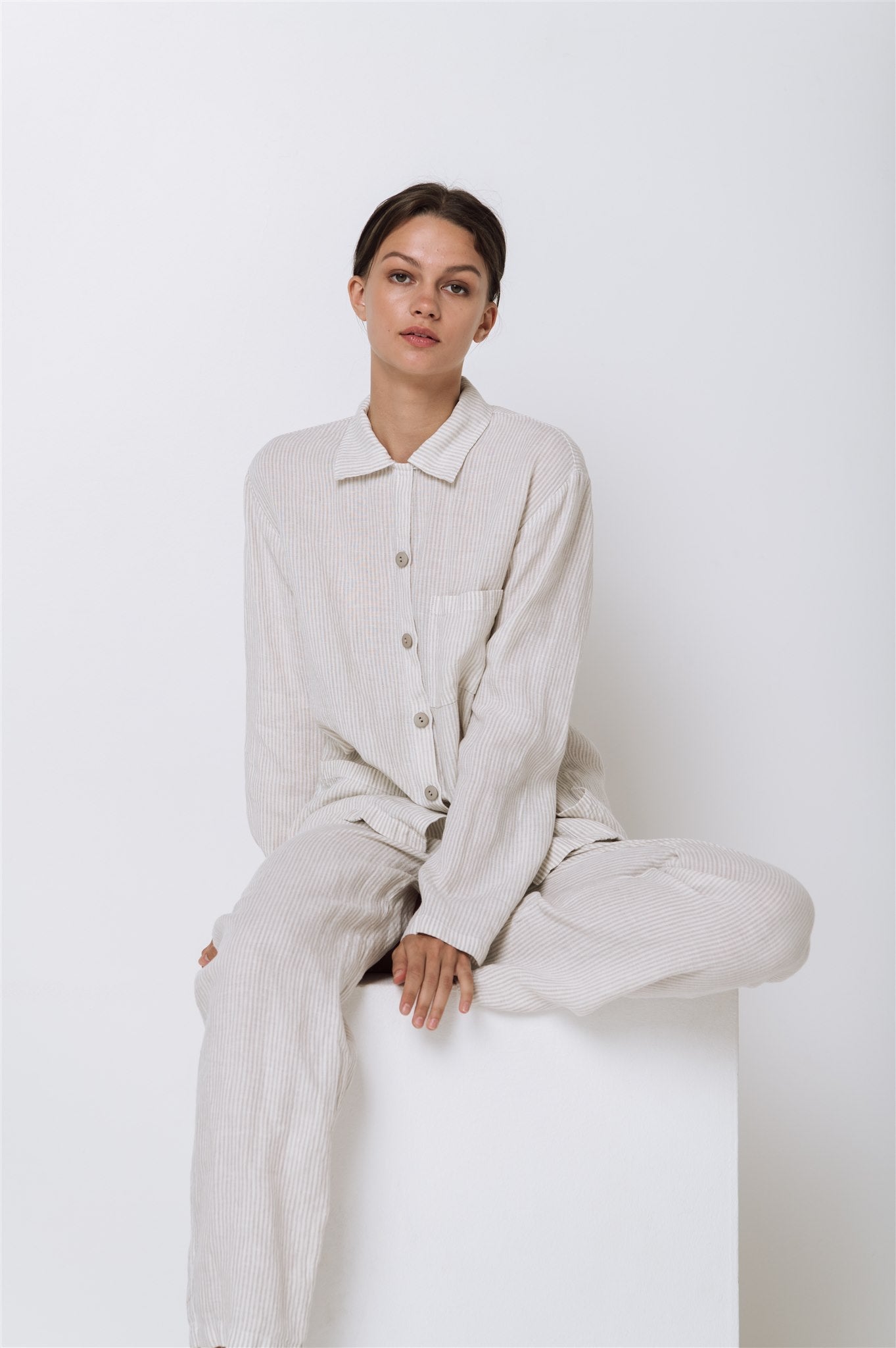JANE linen pajama green olive - MOO Linen Shop