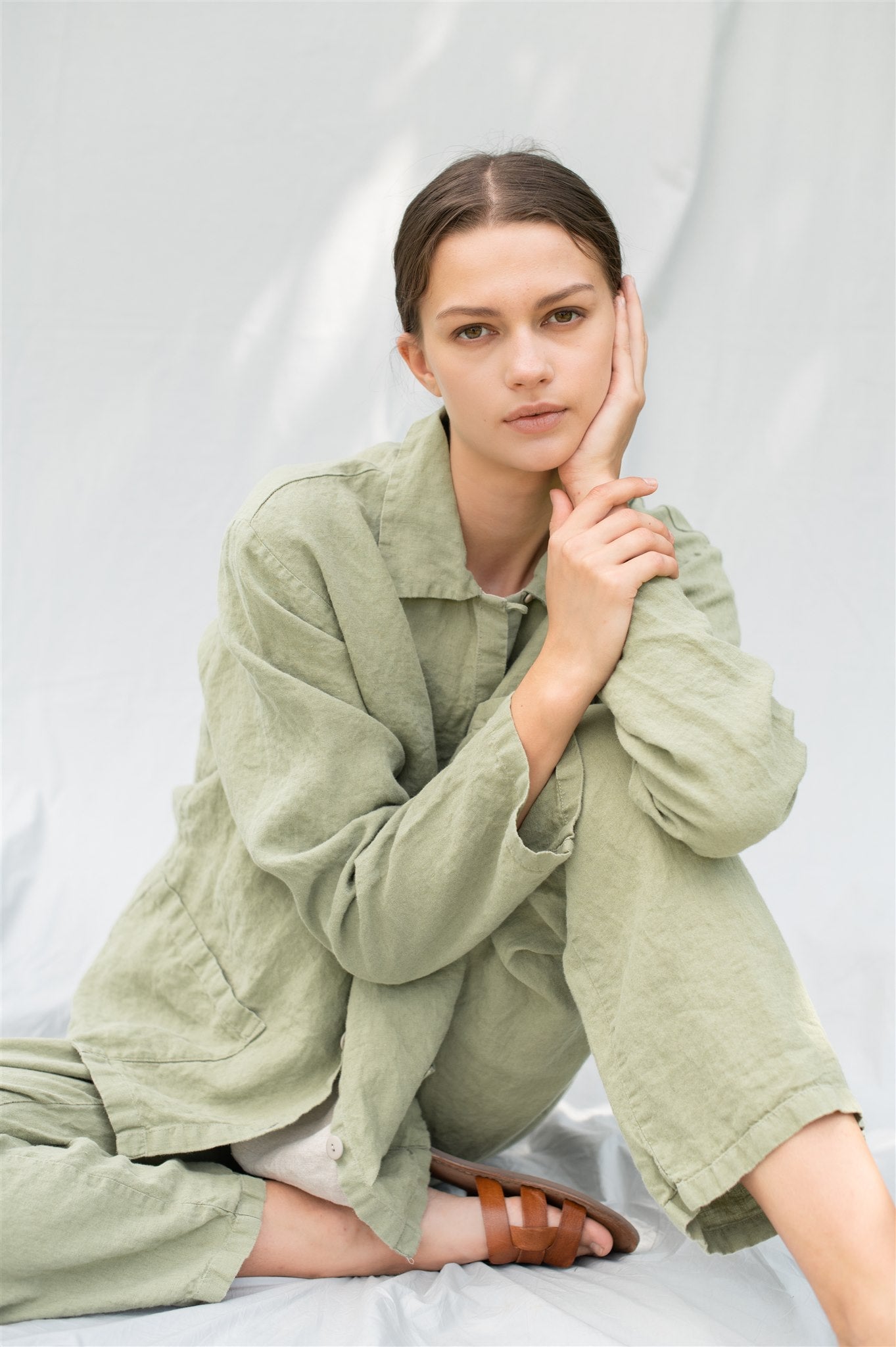JANE linen pajama green olive - MOO Linen Shop