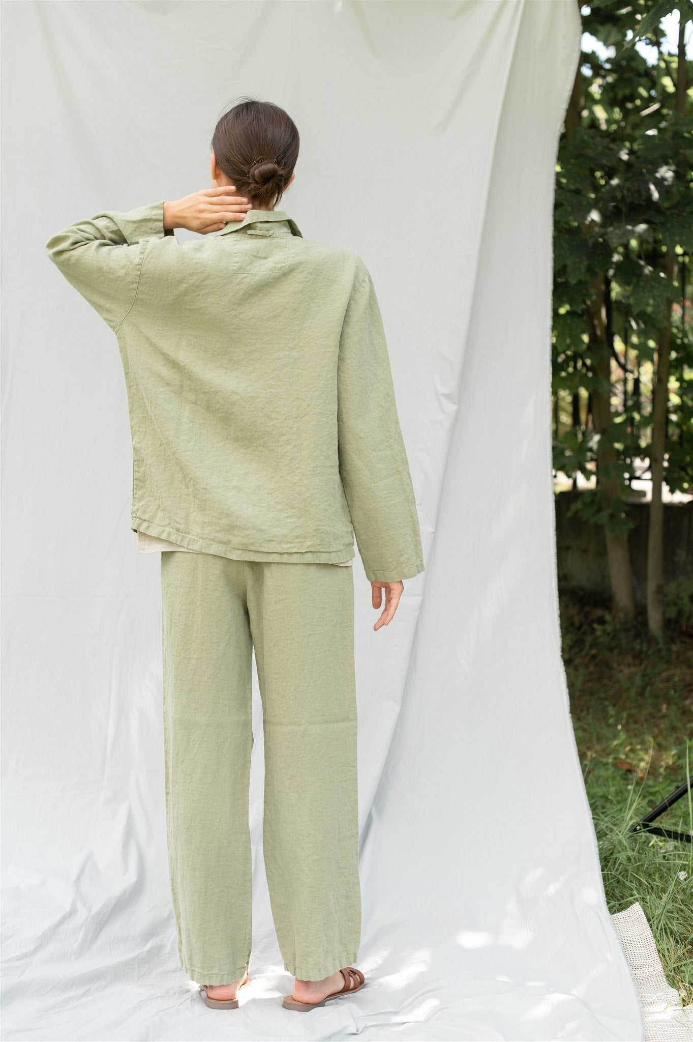JANE linen pajama green olive - MOO Linen Shop