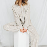 JANE linen pajama natural gingham - MOO Linen Shop