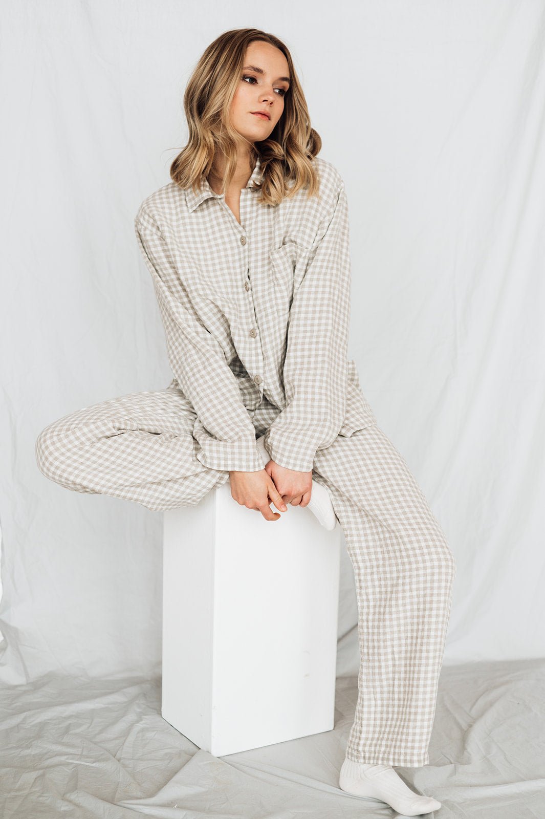 JANE linen pajama natural gingham - MOO Linen Shop