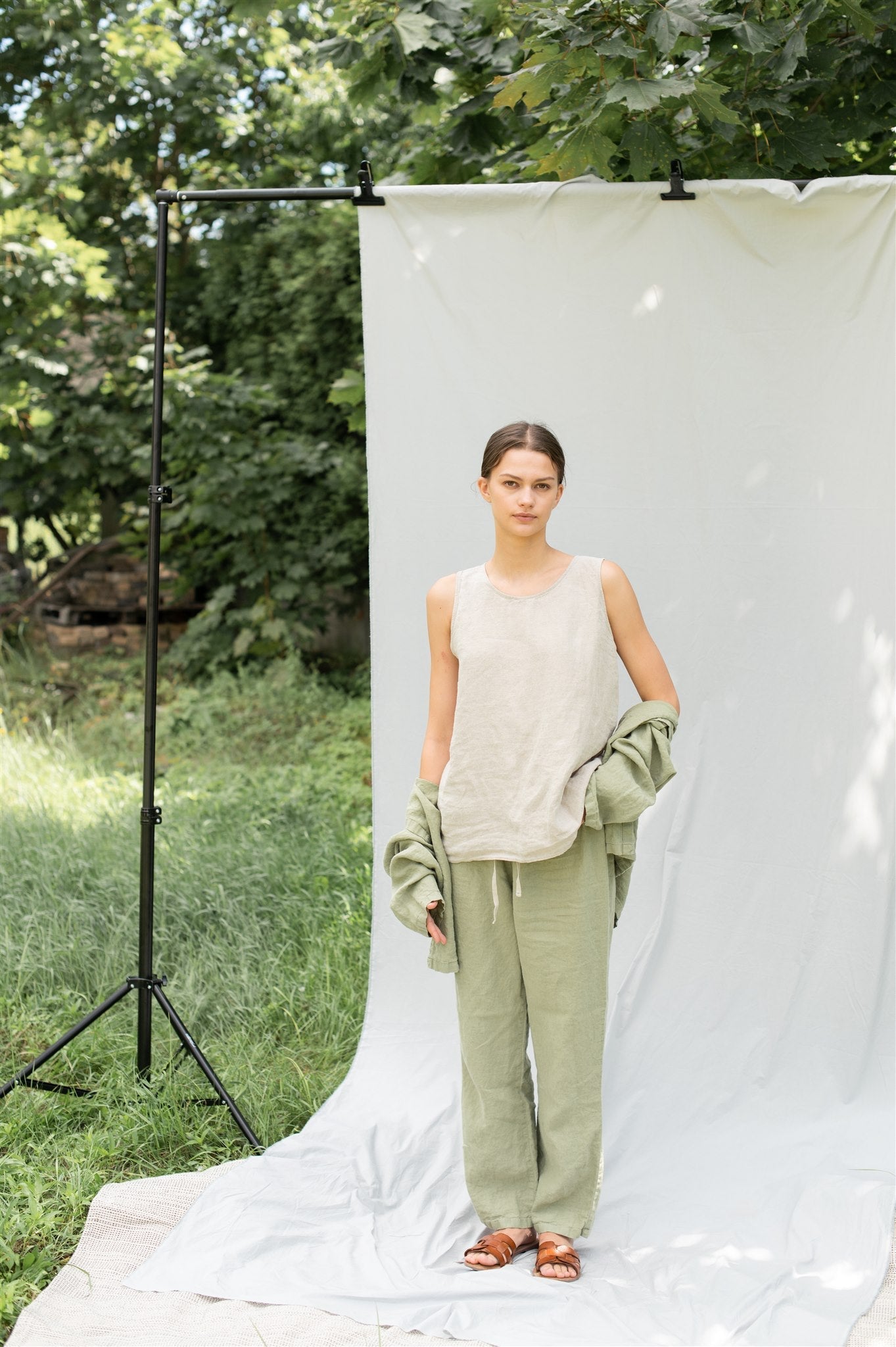 JANE linen pajama green olive - MOO Linen Shop