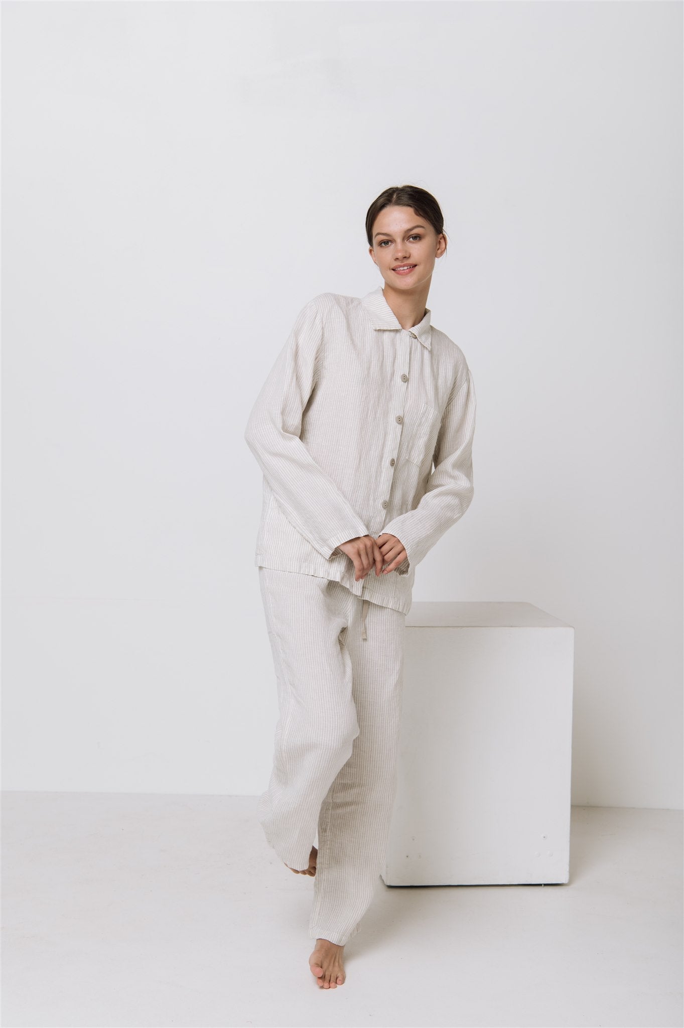 JANE linen pajama green olive - MOO Linen Shop