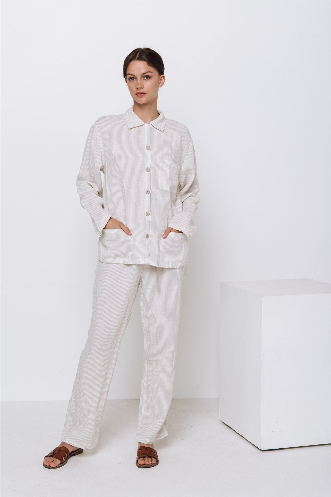 JANE linen pajama green olive - MOO Linen Shop