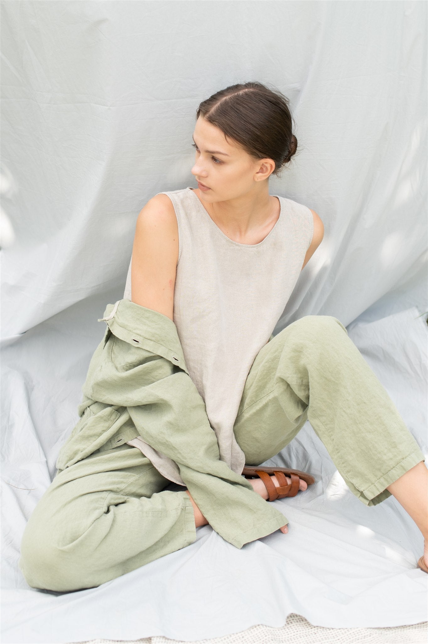JANE linen pajama green olive - MOO Linen Shop