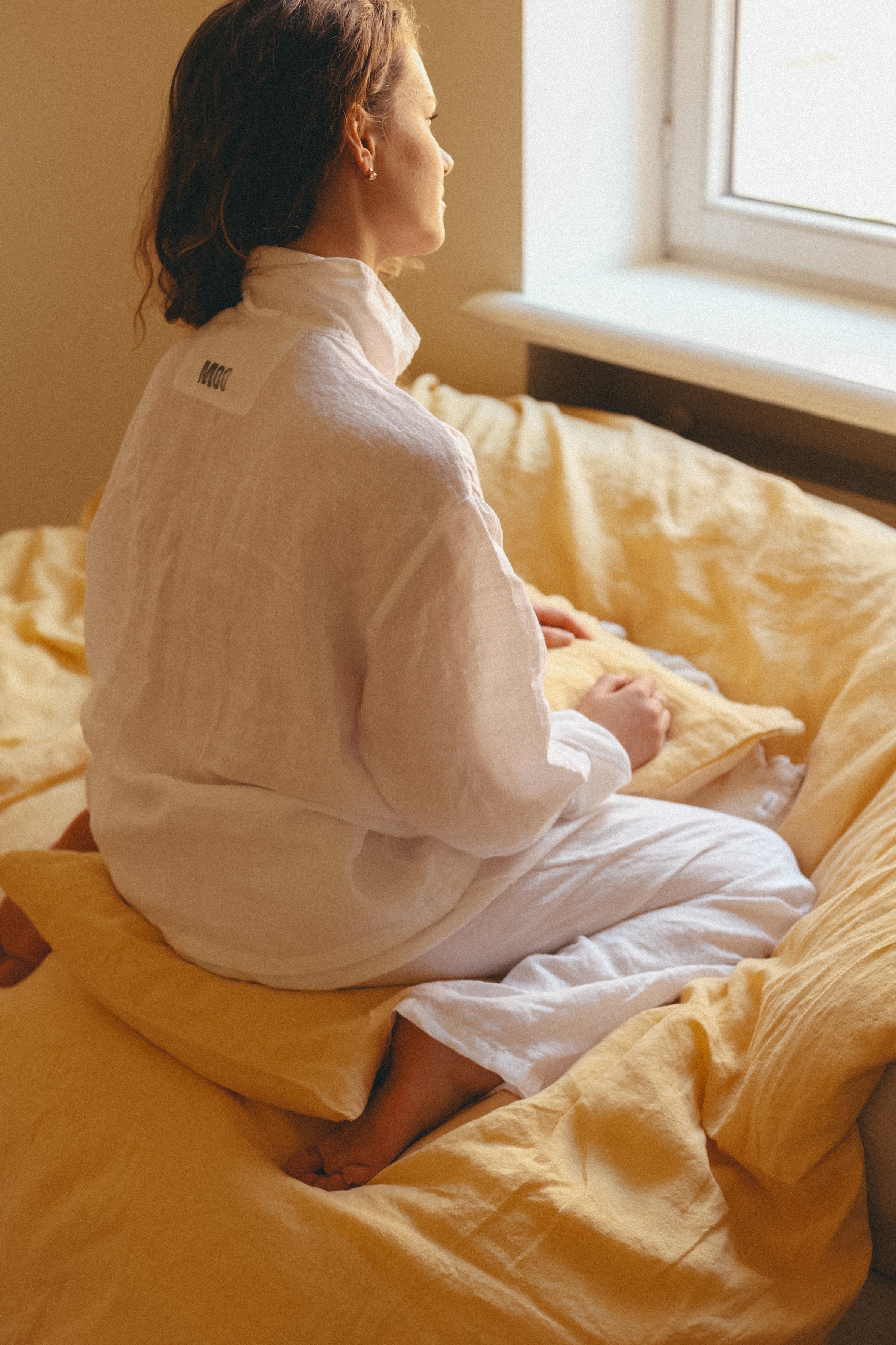 JANE linen pajama natural gingham - MOO Linen Shop