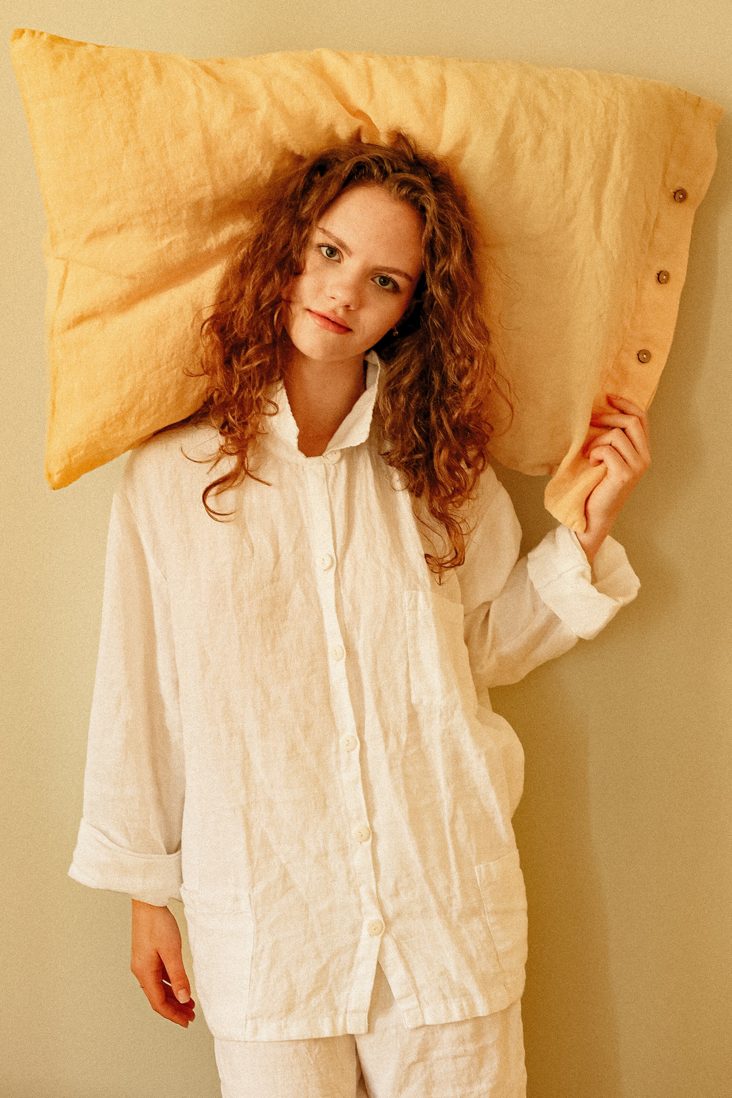 JANE linen pajama natural gingham - MOO Linen Shop
