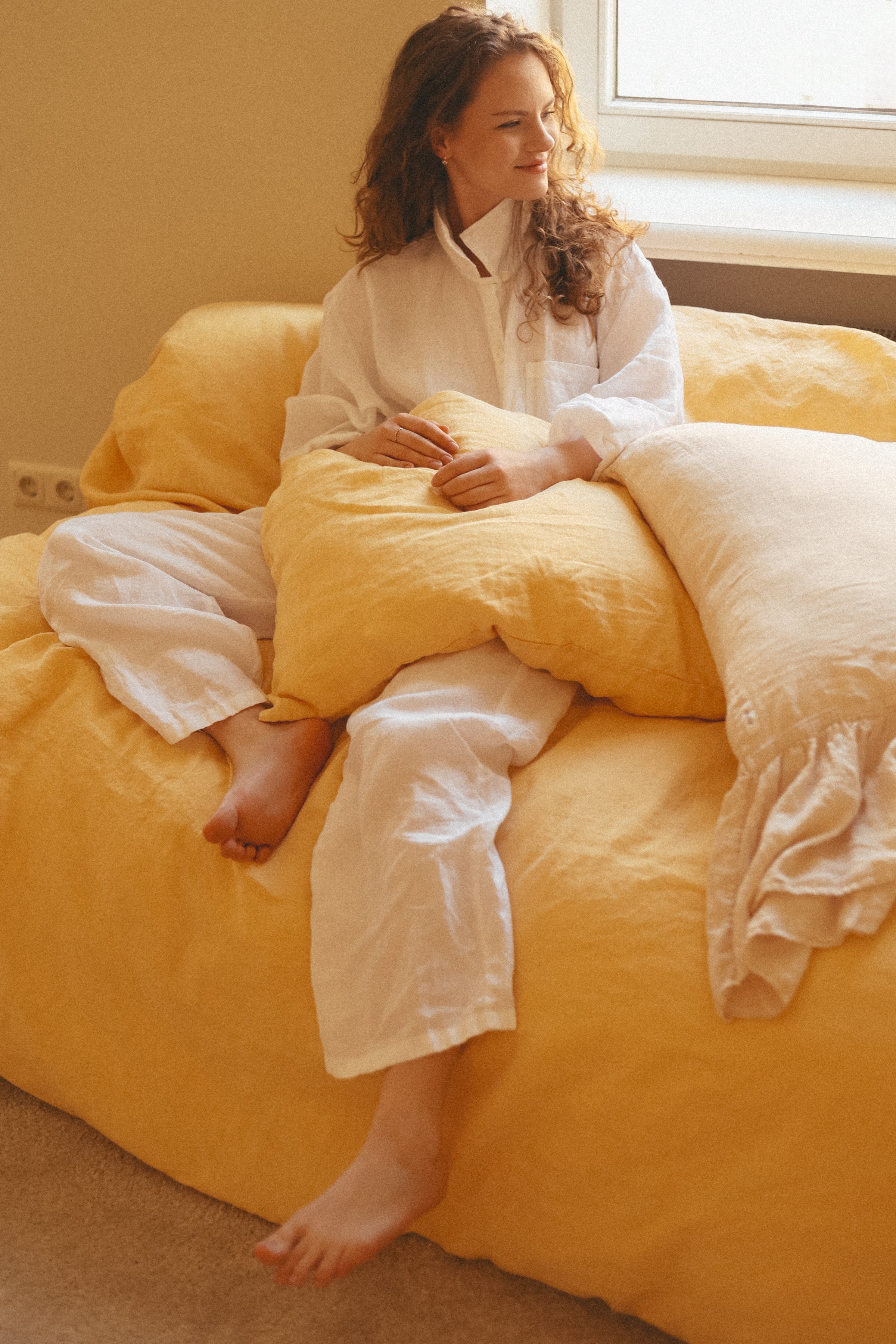 JANE linen pajama natural gingham - MOO Linen Shop