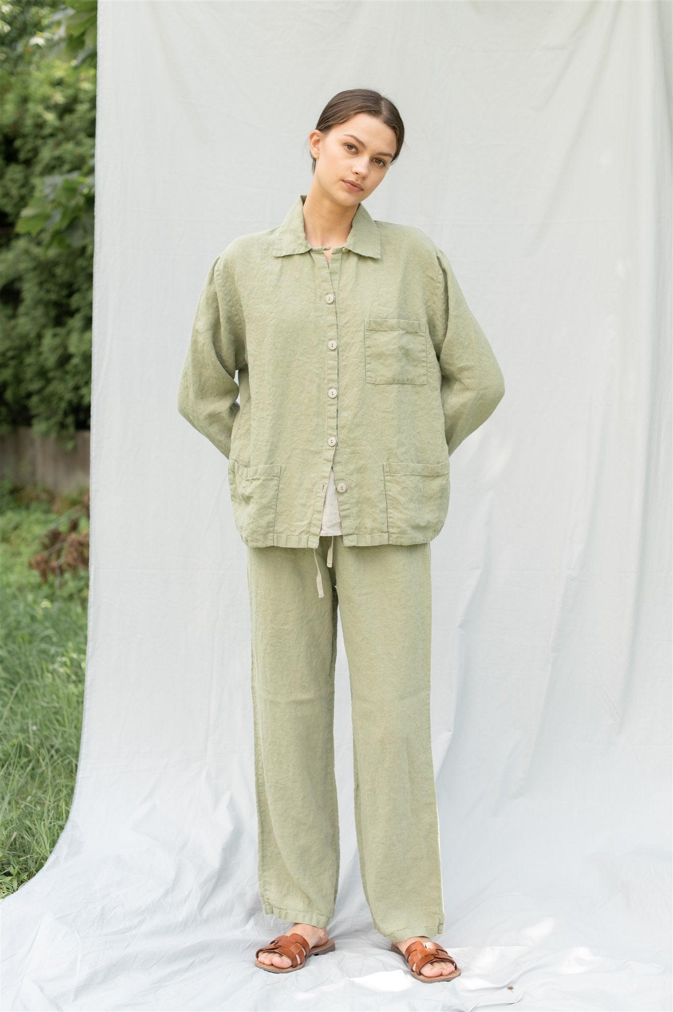 JANE linen pajama green olive - MOO Linen Shop
