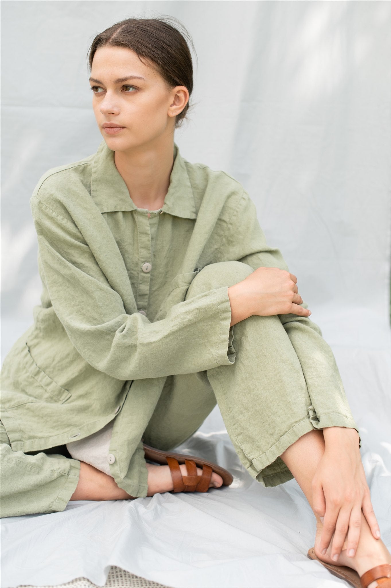 JANE linen pajama green olive - MOO Linen Shop