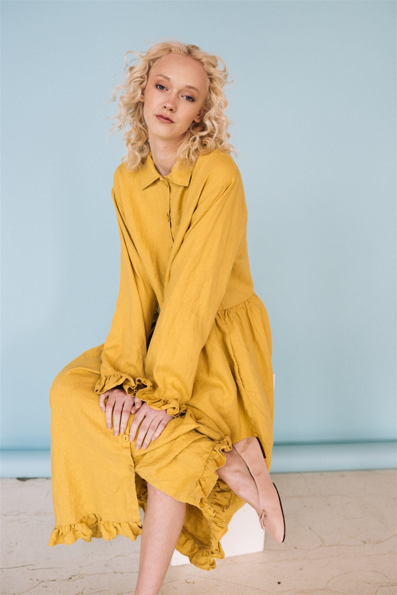 KAREN oversized shirt dress lemon - MOO Linen Shop