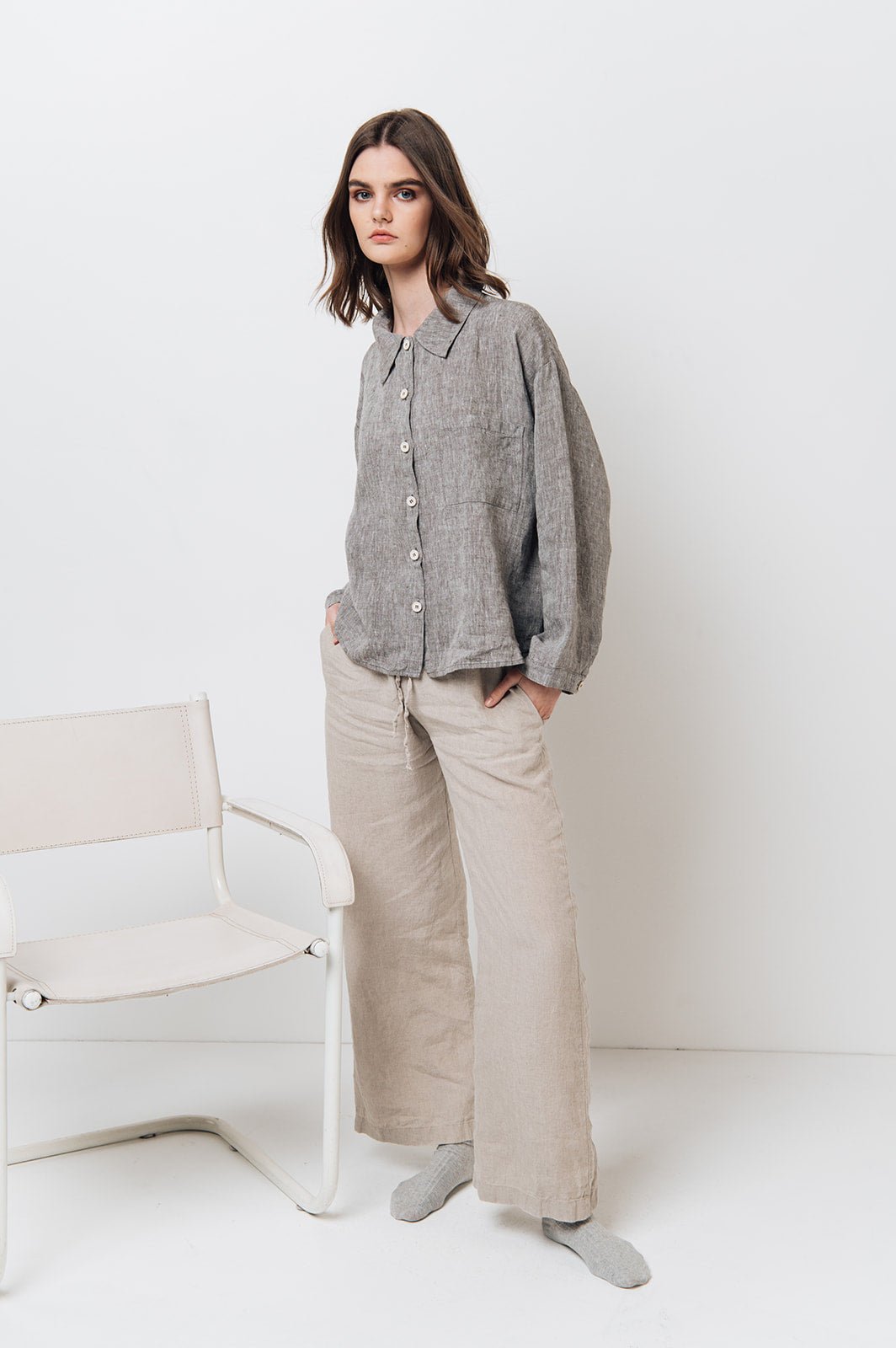 LEA boxy shirt green olive - MOO Linen Shop