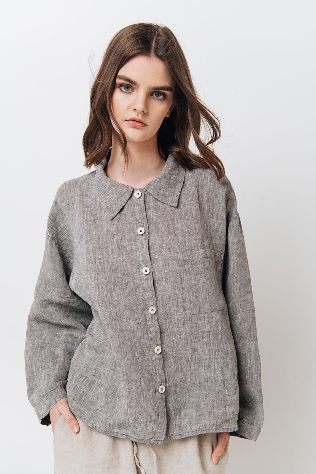 LEA boxy shirt green olive - MOO Linen Shop