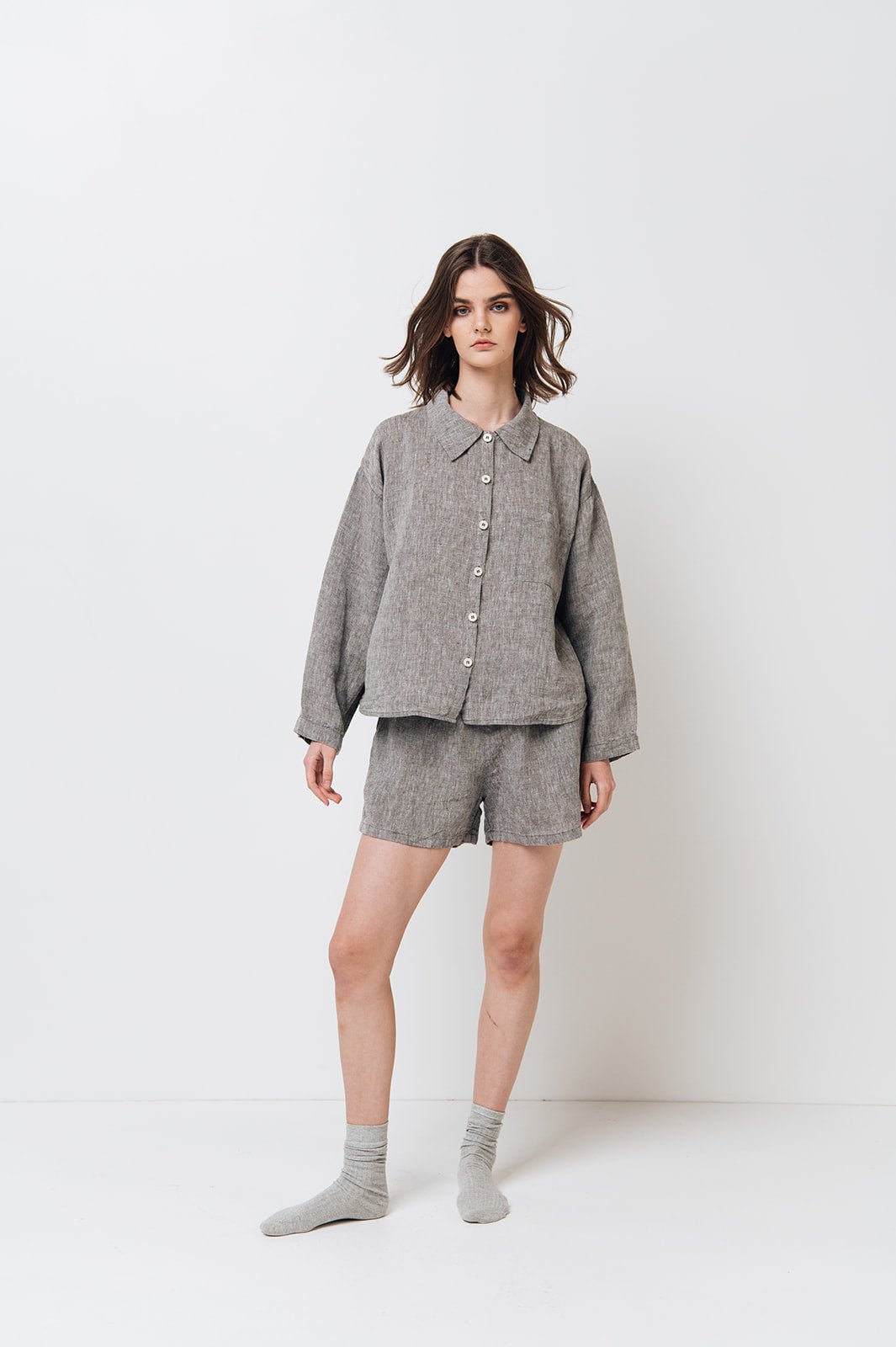 LEA shirt and shorts set green olive - MOO Linen Shop