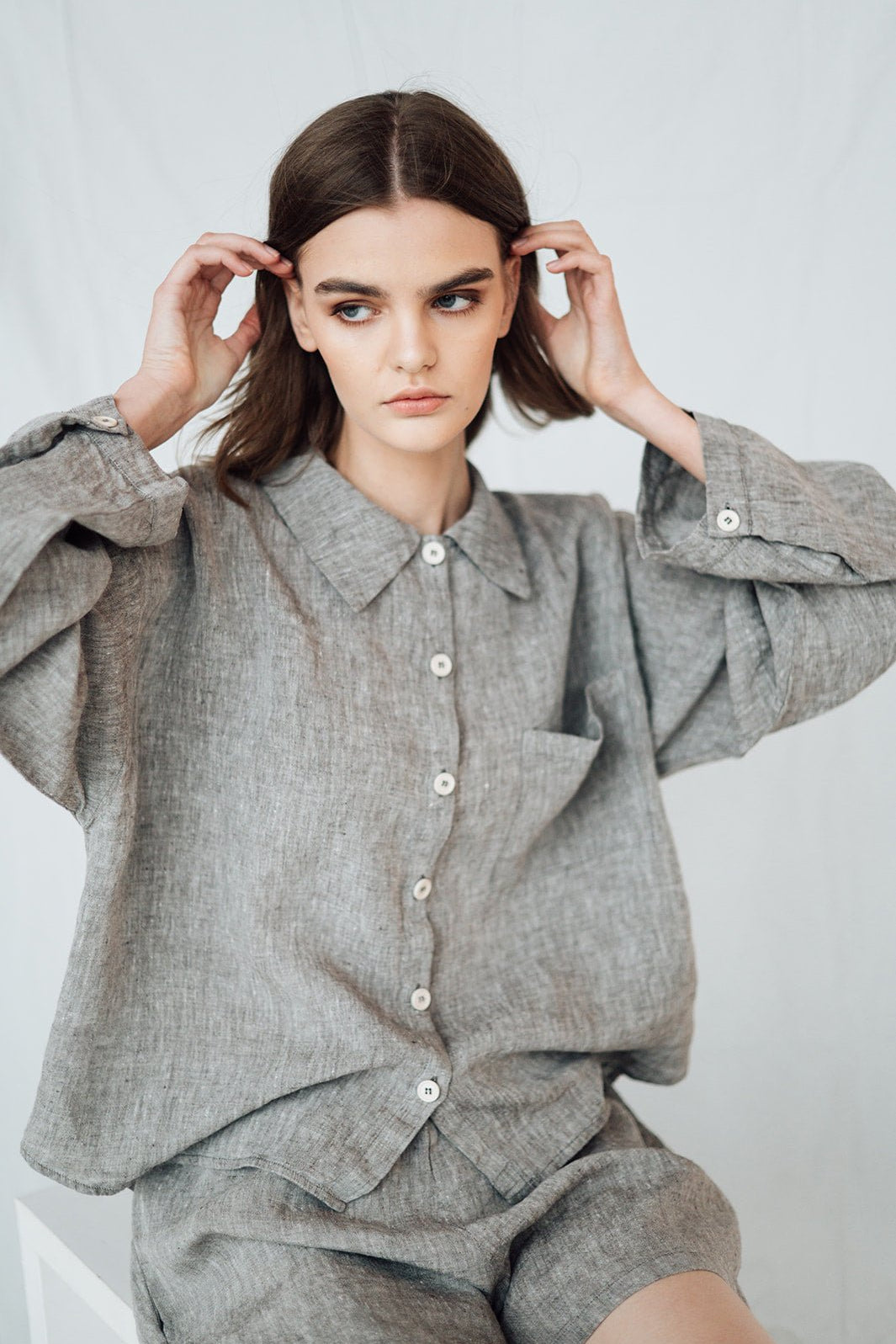 LEA shirt and shorts set green olive - MOO Linen Shop