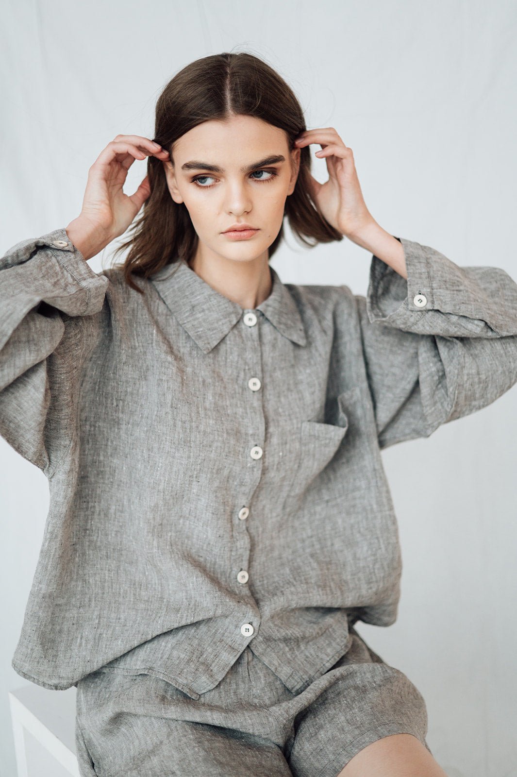 LEA shirt and shorts set green olive - MOO Linen Shop