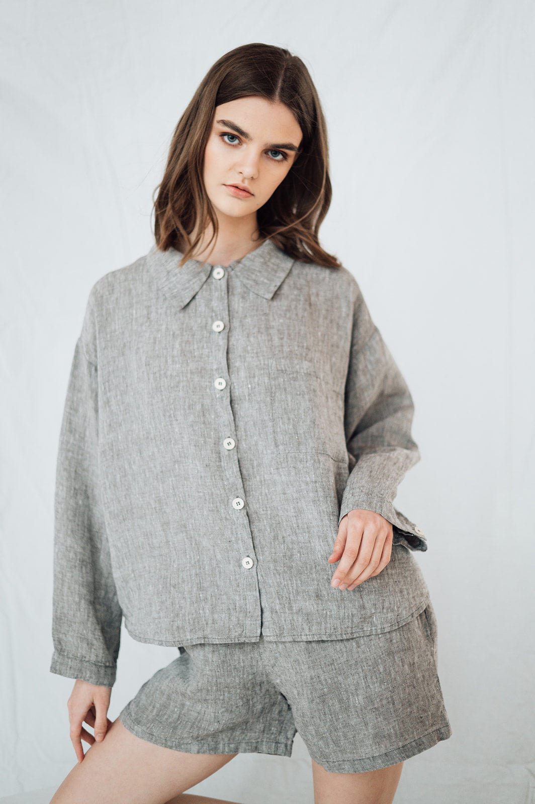 LEA shirt and shorts set green olive - MOO Linen Shop