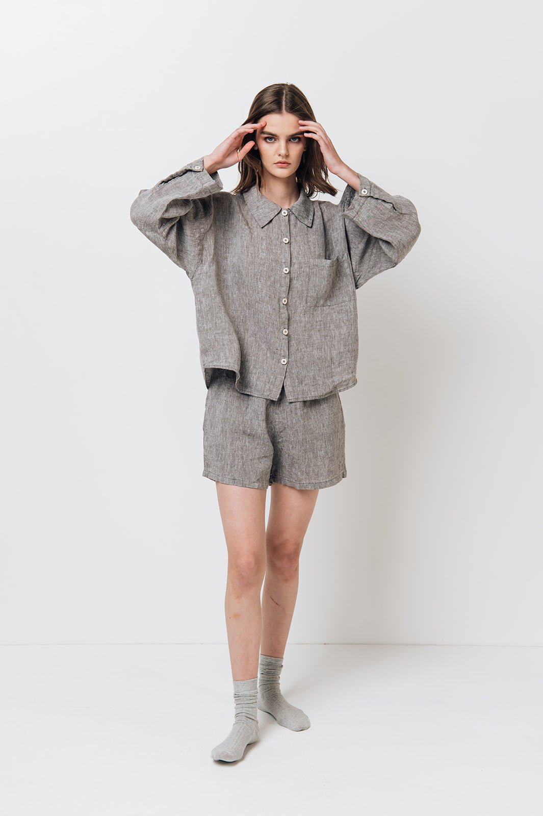 LEA shirt and shorts set green olive - MOO Linen Shop