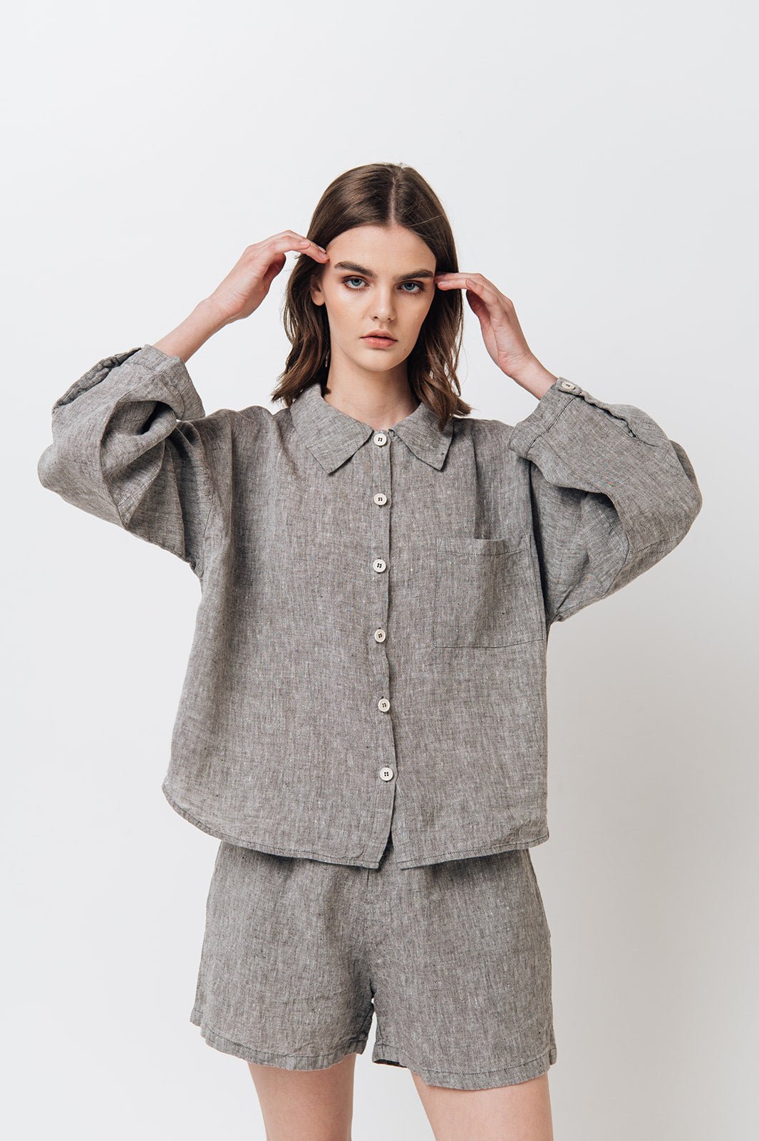 LEA shirt and shorts set green olive - MOO Linen Shop