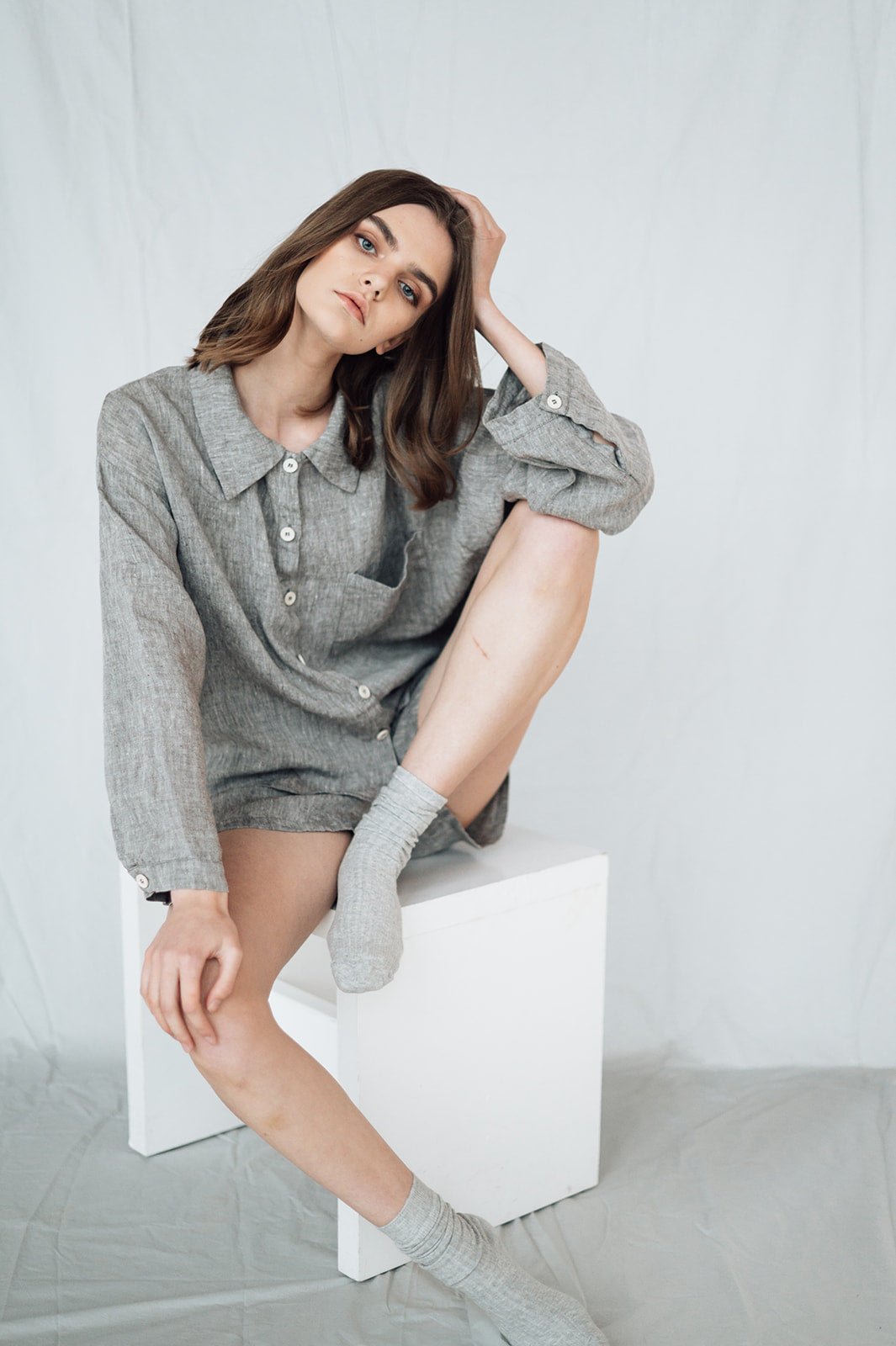 LEA shirt and shorts set green olive - MOO Linen Shop