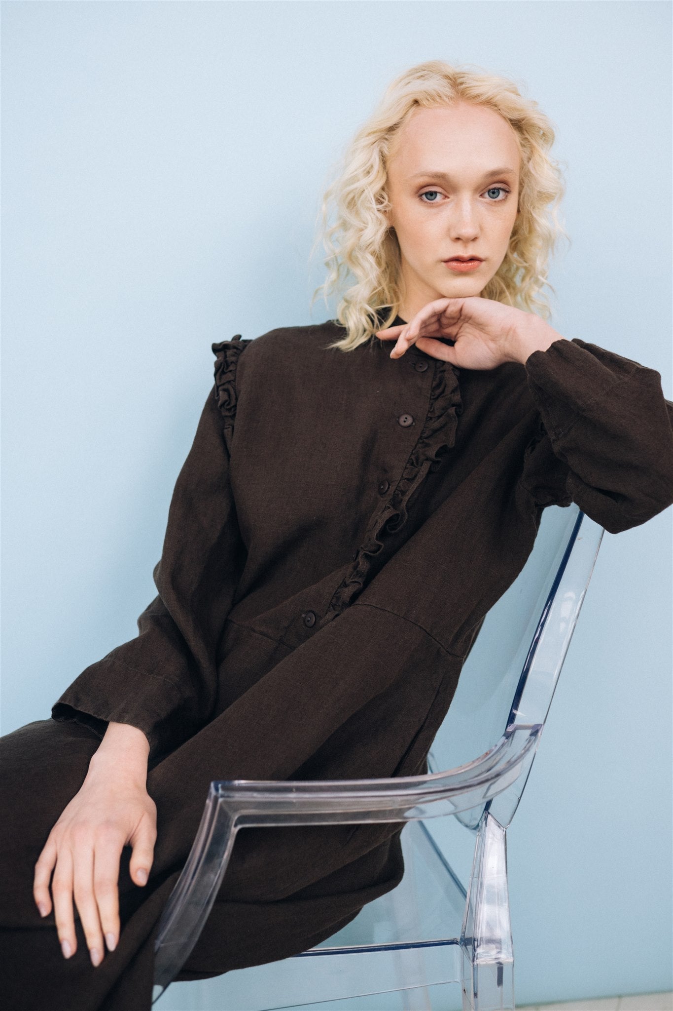 NO 1 long linen dress ebony brown - MOO Linen Shop