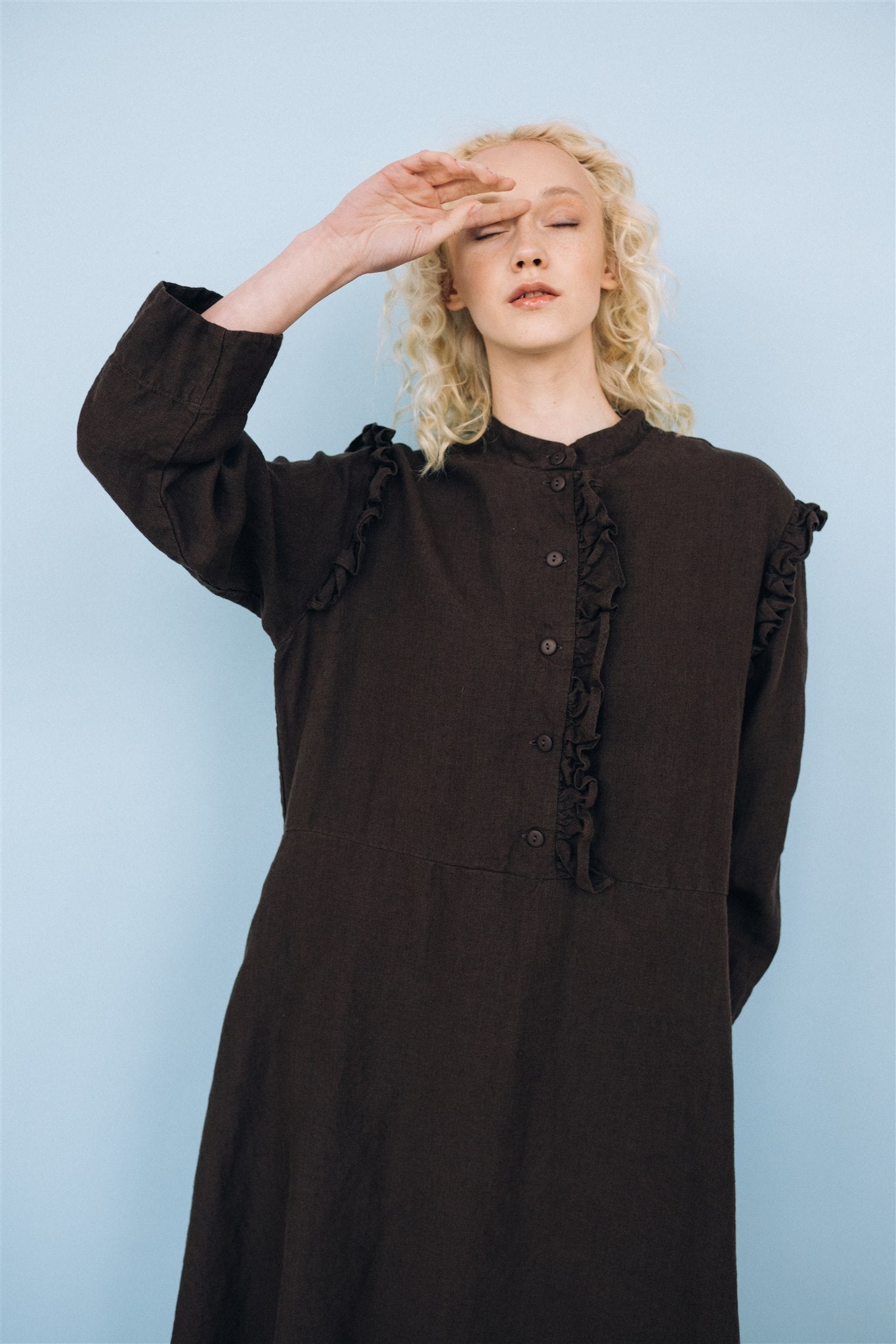 NO 1 long linen dress ebony brown - MOO Linen Shop