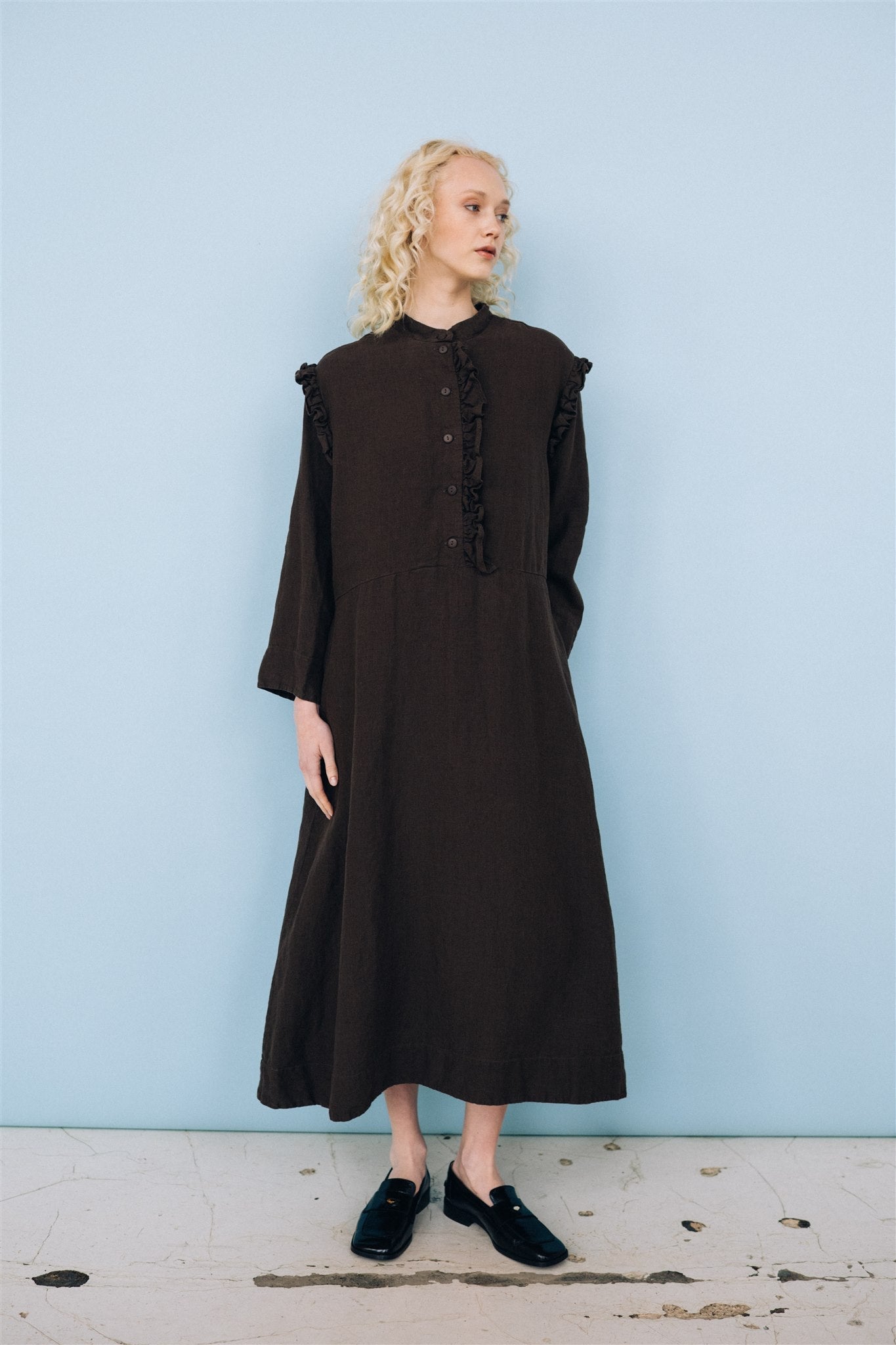NO 1 long linen dress ebony brown - MOO Linen Shop