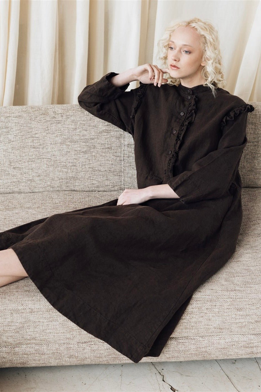 NO 1 long linen dress ebony brown - MOO Linen Shop