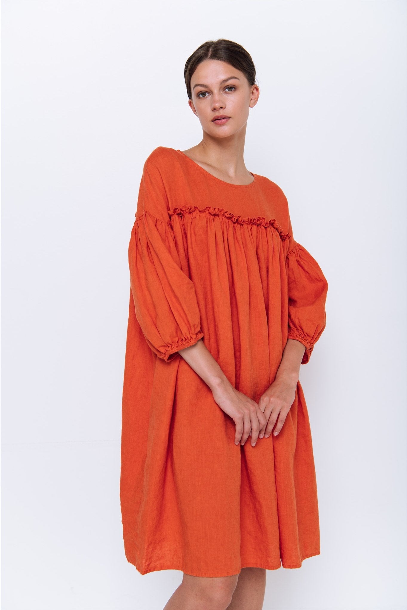 POPPY puff sleeves dress white - MOO Linen Shop