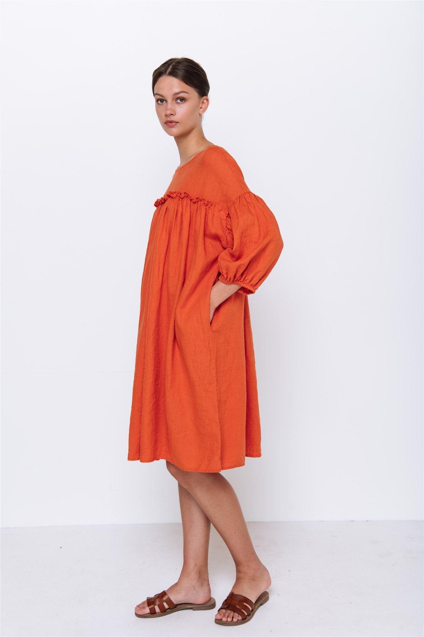 POPPY puff sleeves dress white - MOO Linen Shop