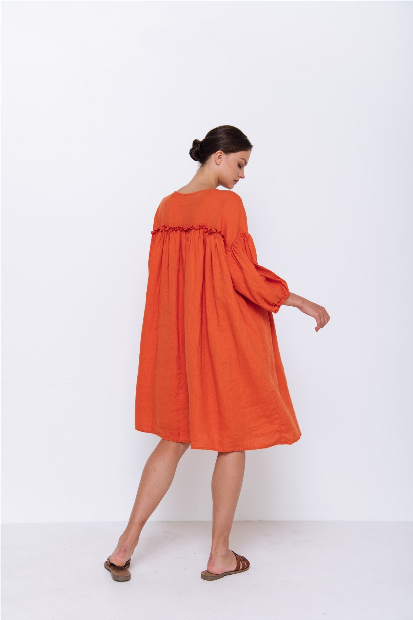 POPPY puff sleeves dress white - MOO Linen Shop