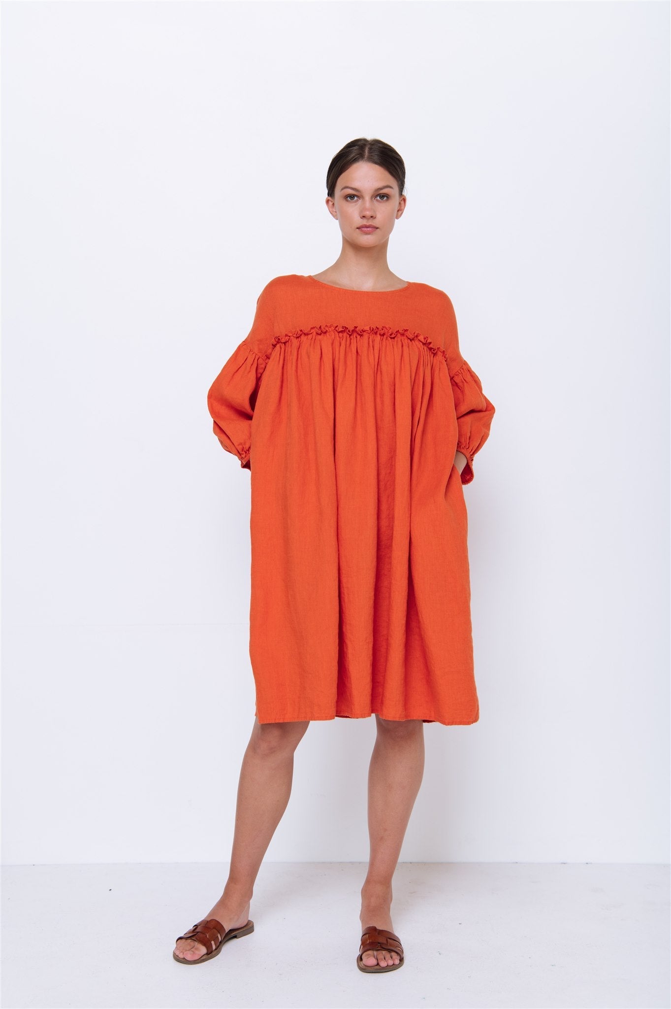 POPPY puff sleeves dress white - MOO Linen Shop