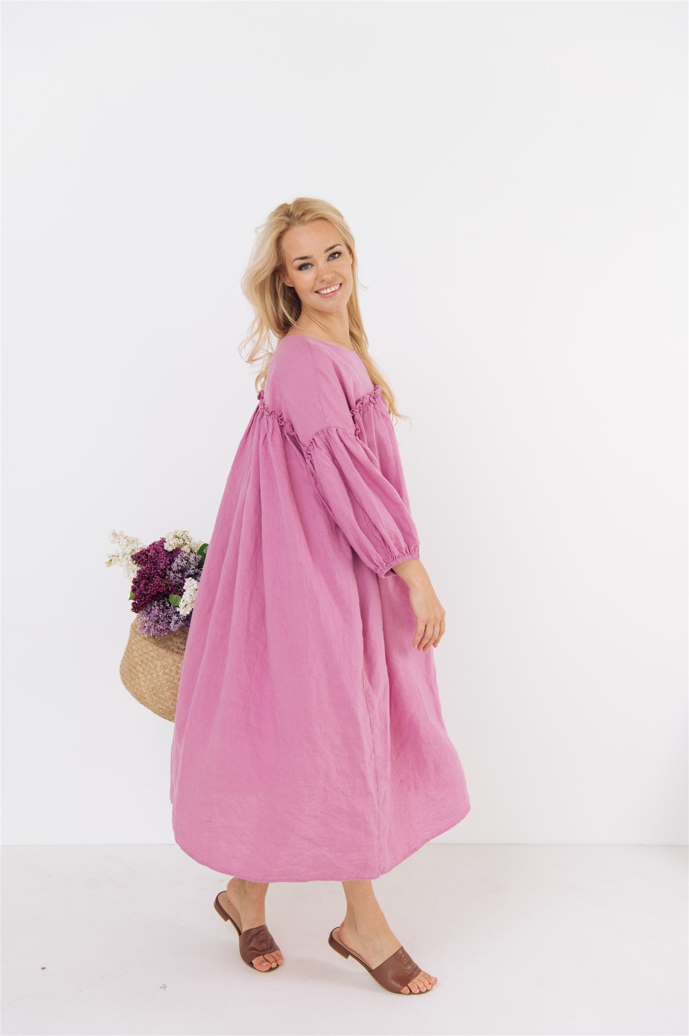 POPPY puff sleeves midi dress white - MOO Linen Shop