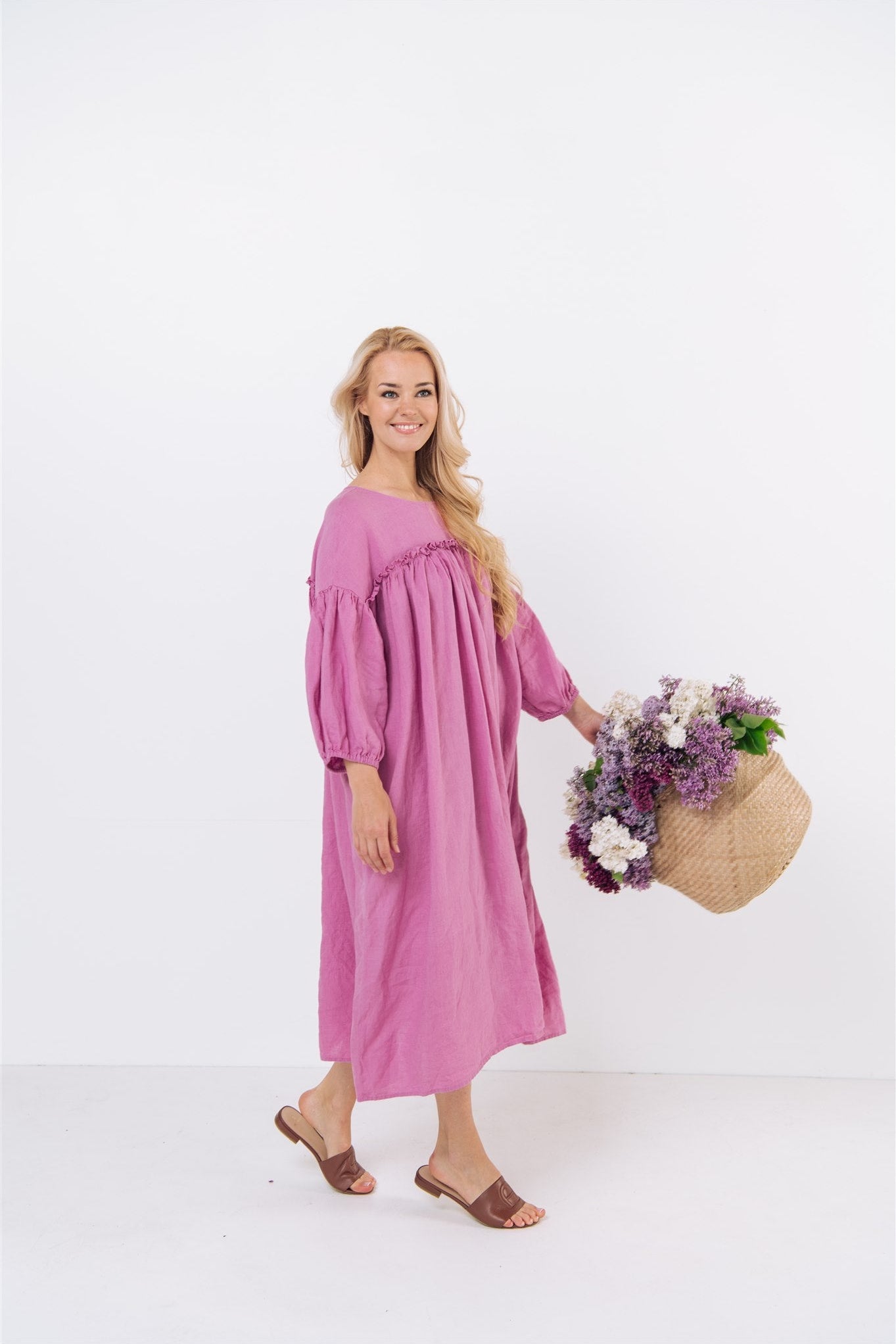 POPPY puff sleeves midi dress white - MOO Linen Shop