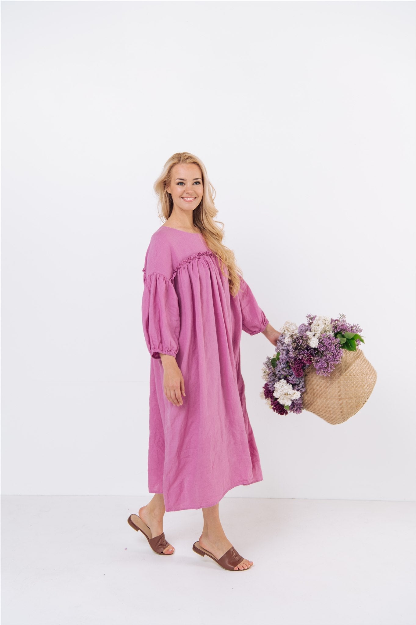 POPPY puff sleeves midi dress white - MOO Linen Shop