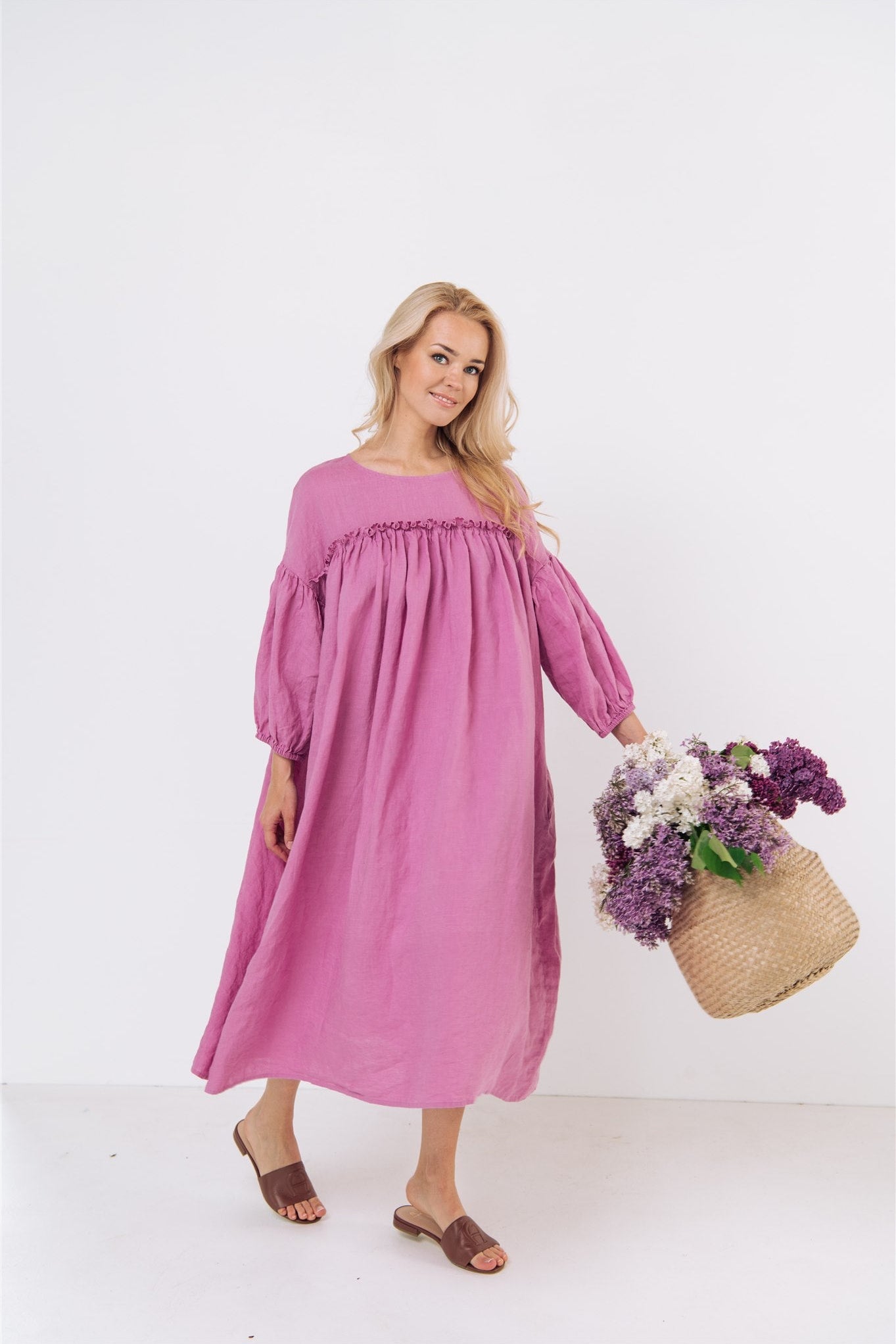 POPPY puff sleeves midi dress white - MOO Linen Shop