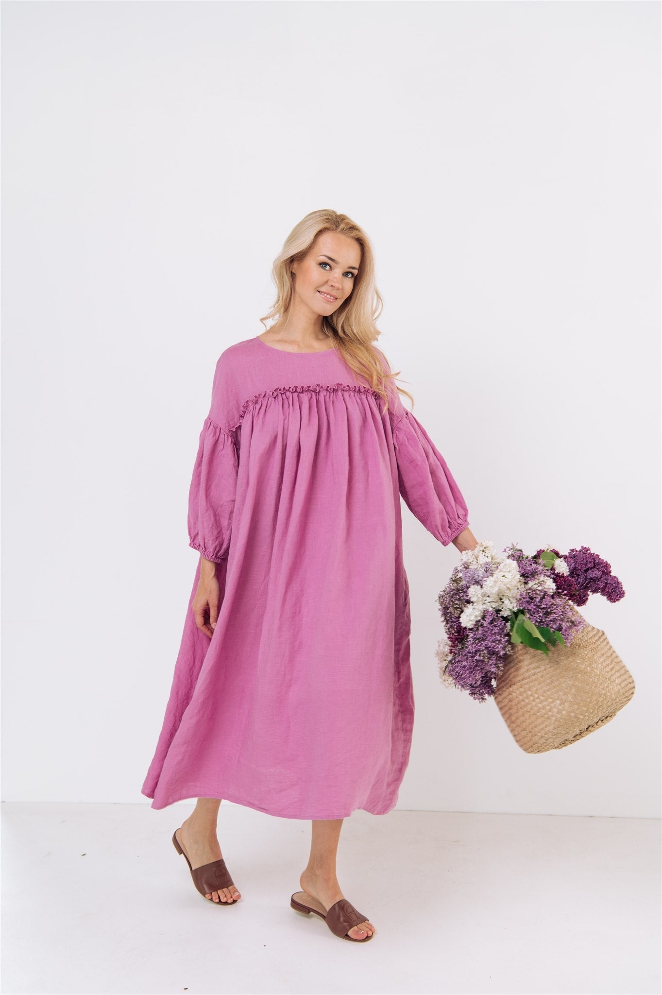 POPPY puff sleeves midi dress white - MOO Linen Shop