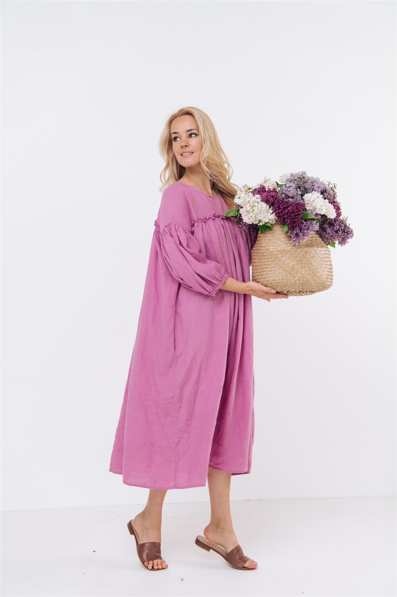 POPPY puff sleeves midi dress white - MOO Linen Shop