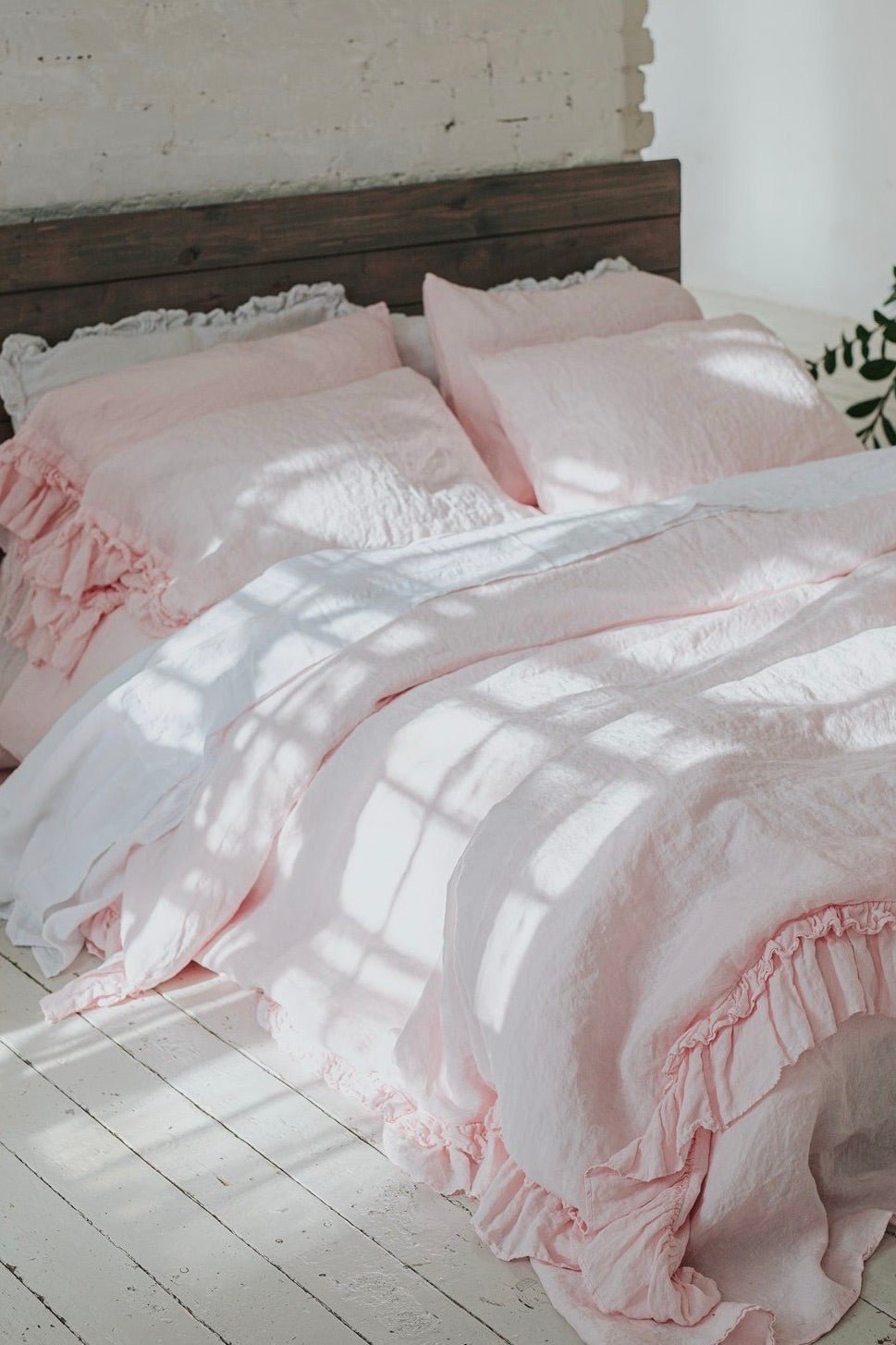 POWDER PINK rustic style duvet cover set white - MOO Linen Shop