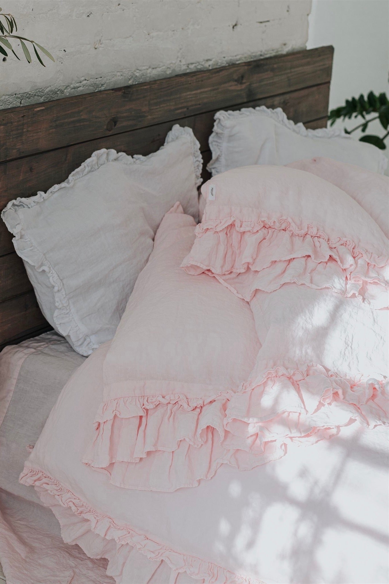 POWDER PINK rustic style duvet cover set white - MOO Linen Shop