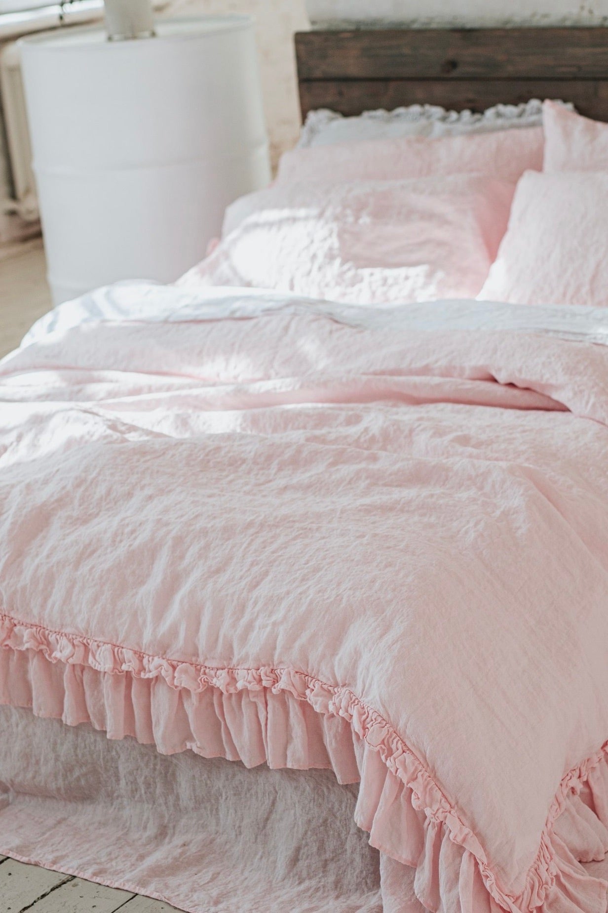 POWDER PINK rustic style duvet cover set white - MOO Linen Shop
