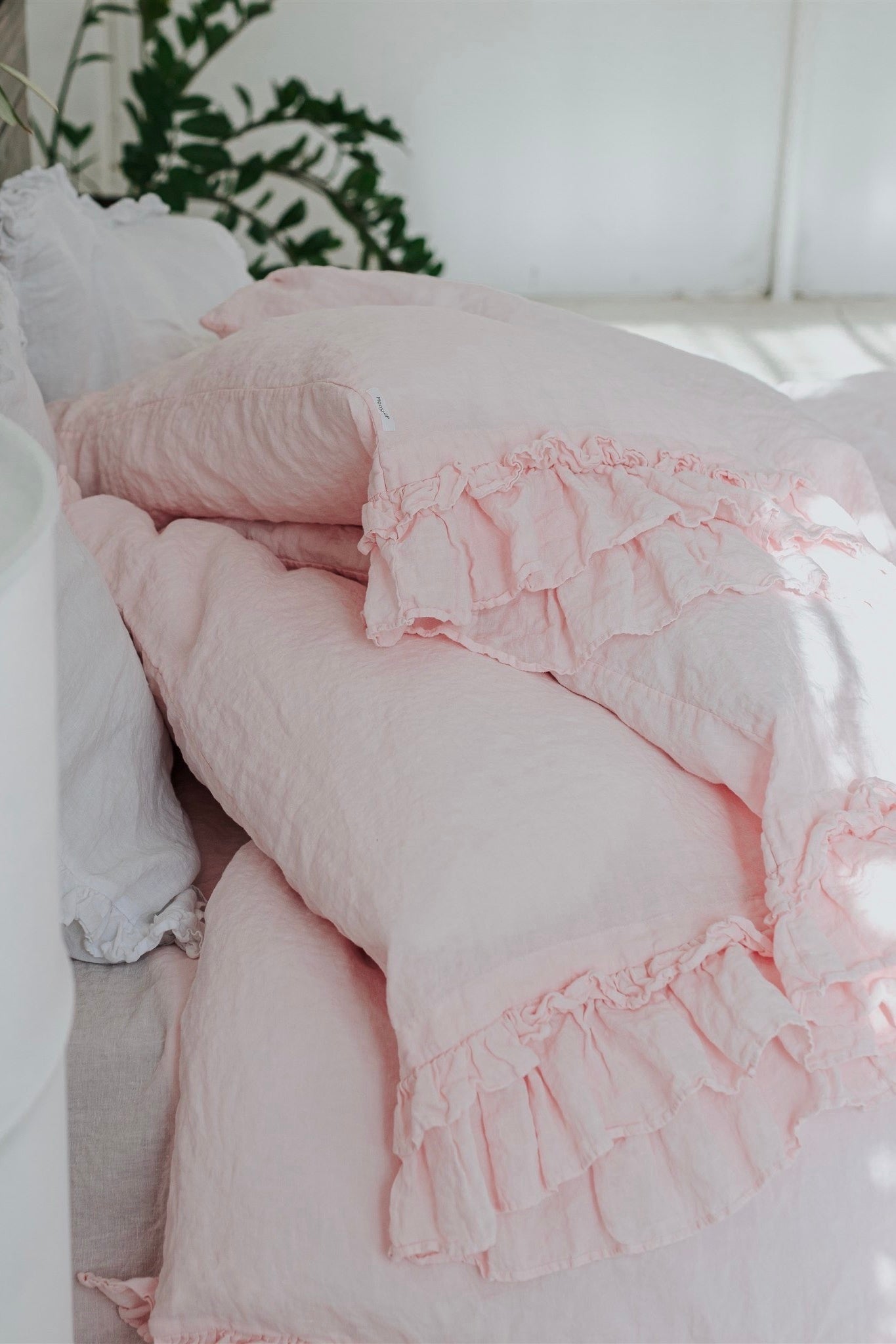 POWDER PINK rustic style duvet cover set white - MOO Linen Shop